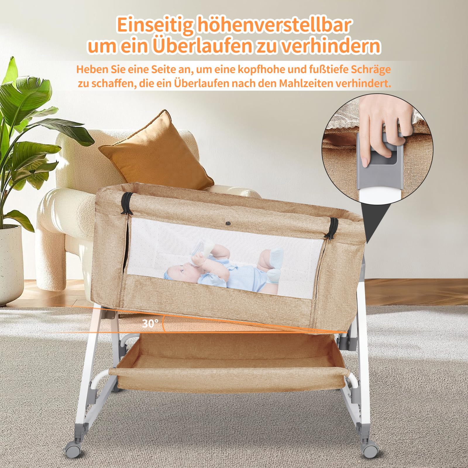 homewell Łóżko dostawne 2 w 1, kołyska dla niemowląt i niemowląt z moskitierą, wózek wiklinowy dla niemowląt, składany, 6 poziomów regulacji wysokości i nachylenia, boki z siatki, do domu i w podróży