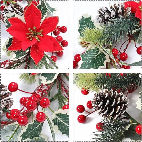 Miniatura 9 de SOMYTING Guirnalda de Navidad de bayas rojas, guirnalda de flores de Pascua de Navidad con conos de pino, guirnalda de bayas artificiales,