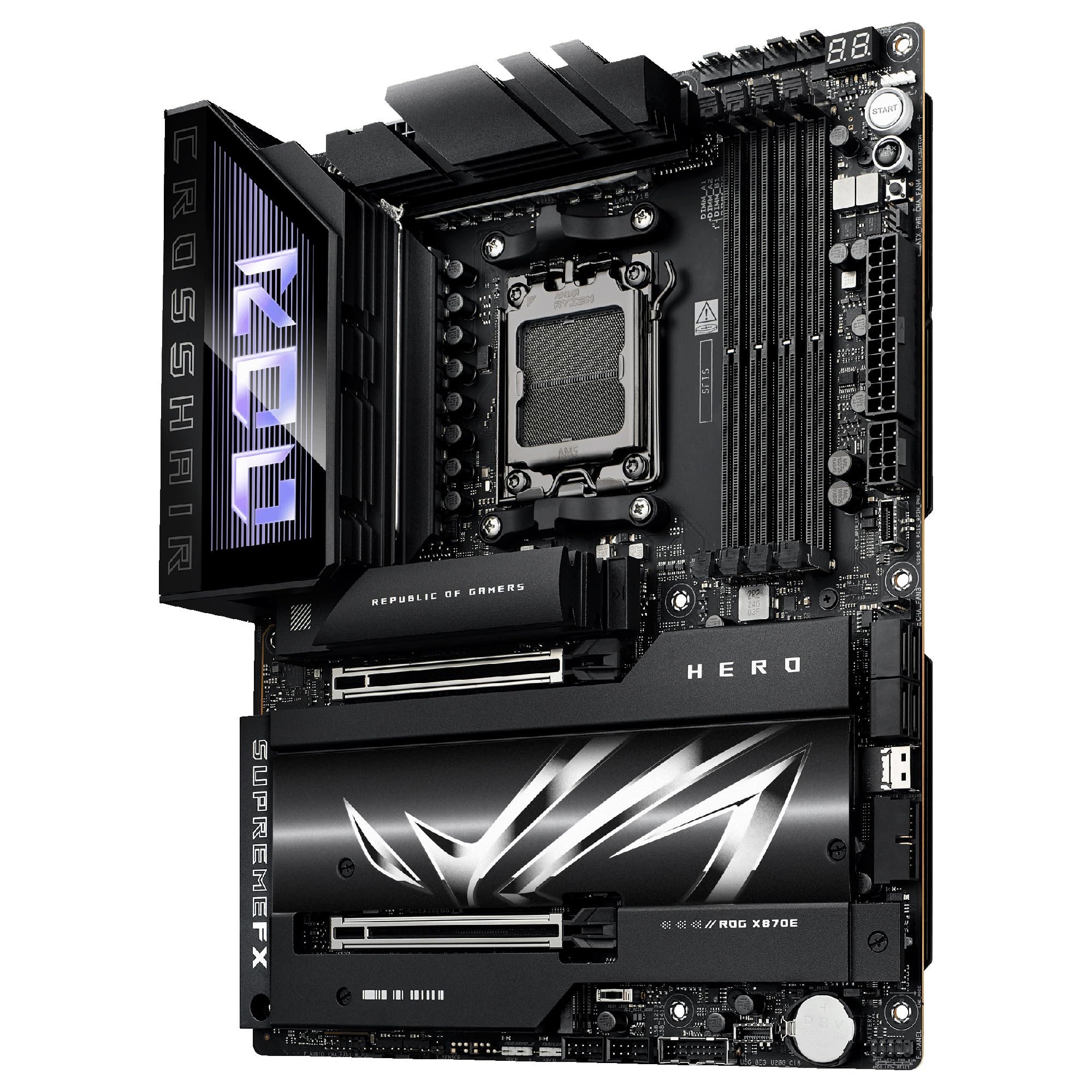 ASUS ROG Crosshair X870E Hero - Placa Base AMD ATX, 18+2+2 etapas de Potencia, DDR5, PCIe 5.0 Compatible con GPU de última generación, Cinco M.2, Wi-Fi 7, USB4, AI Overclocking