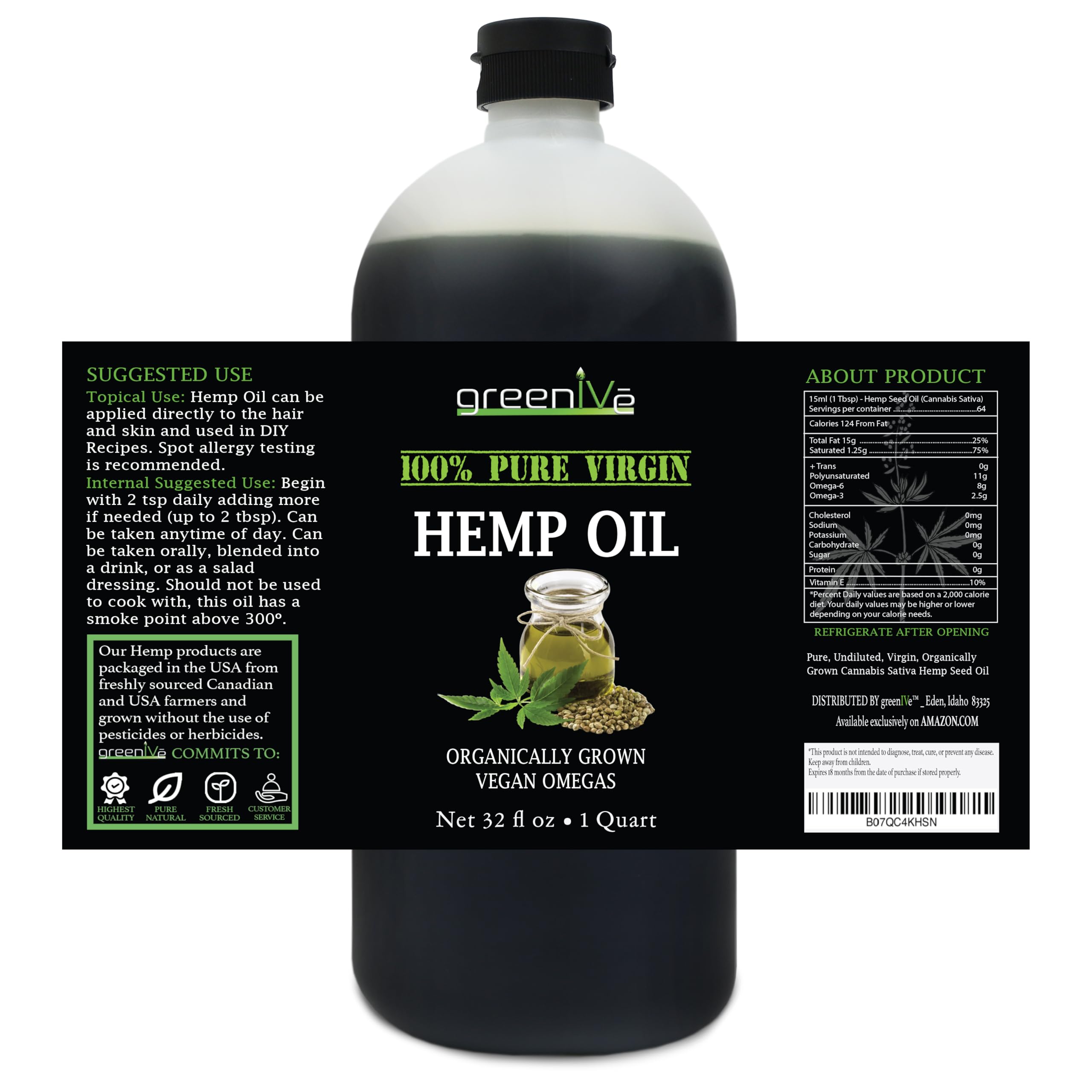 Amazon.com : GreenIVe Hemp Oil, 32oz Bottle (946mL), Natural Hemp