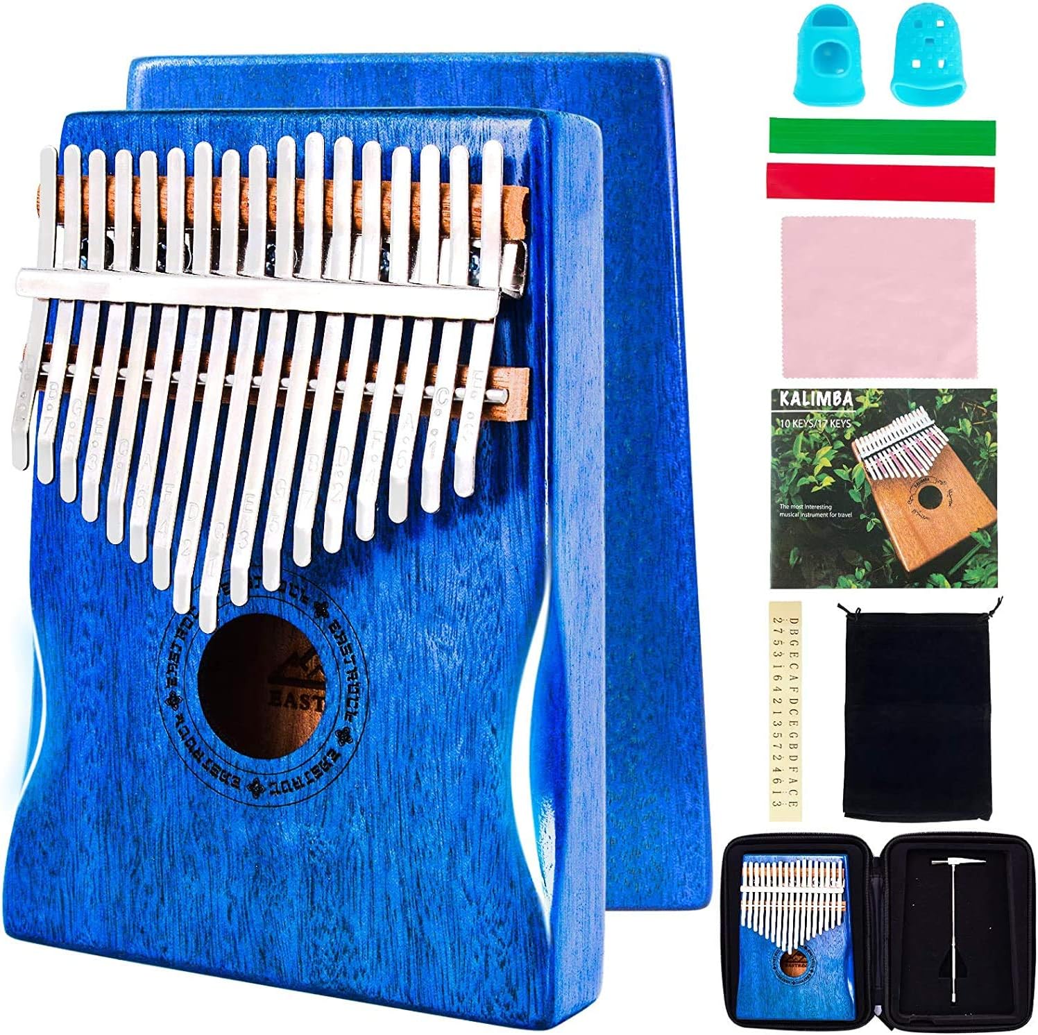 EASTROCK Kalimba Thumb Piano, Blue Kalimba 17 Keys Acacia with Hand