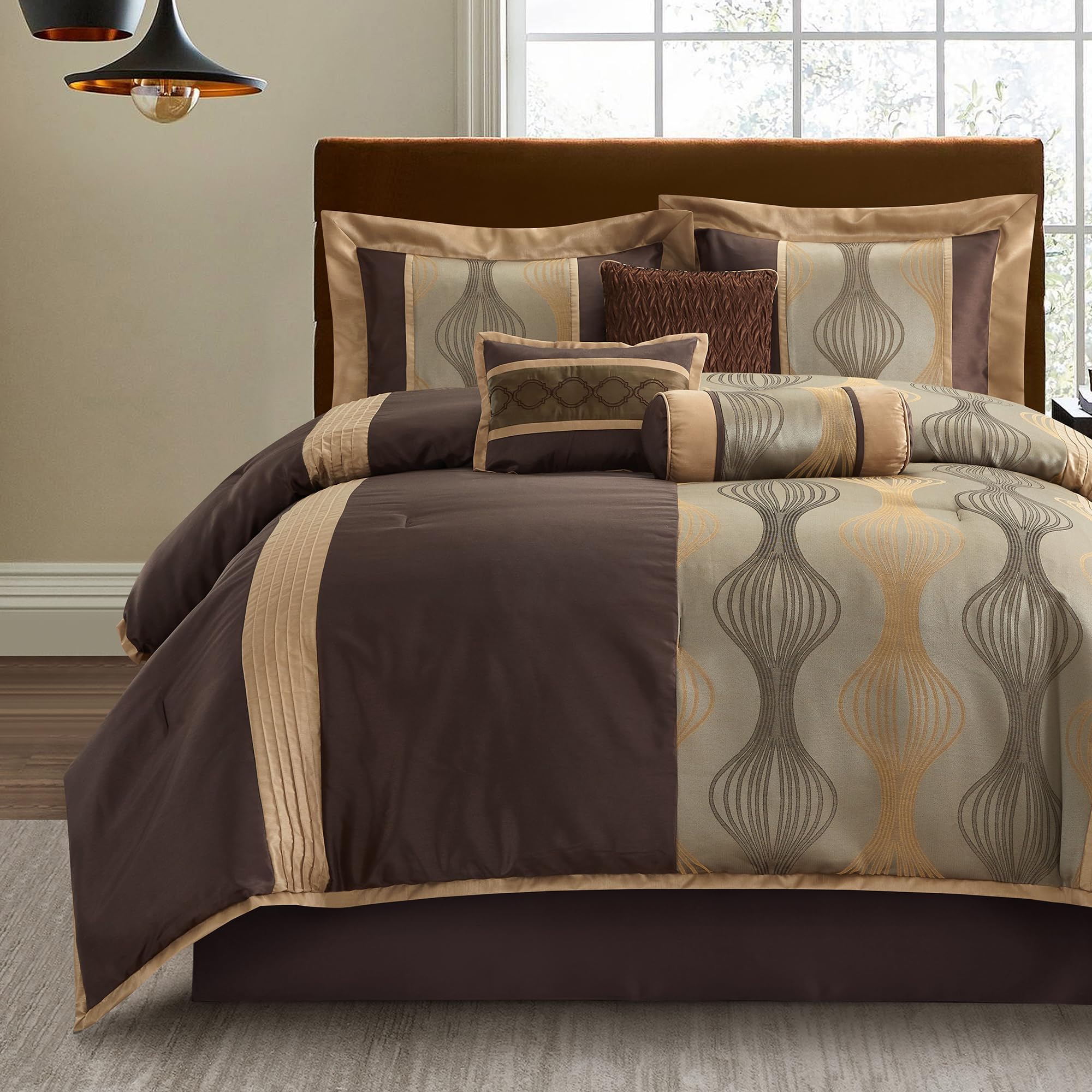 LANCO MODERN LIFESTYLE Full Comforter Set, Brown, 7 Pieces Bed in a Bag, Ultra Soft Jacquard with Solid Piecework, Luxury Bed Set with Comforters, Bed