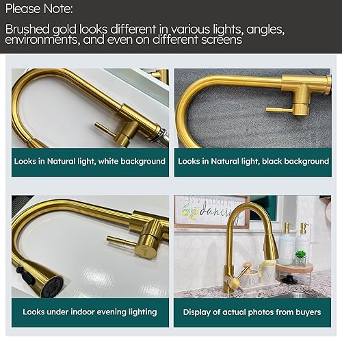 Miniatura 5 de WOWOW - Grifo de cocina de oro cepillado con dispensador de jabón, grifo de cocina de acero inoxidable para fregadero, grifo de cocina de una sola