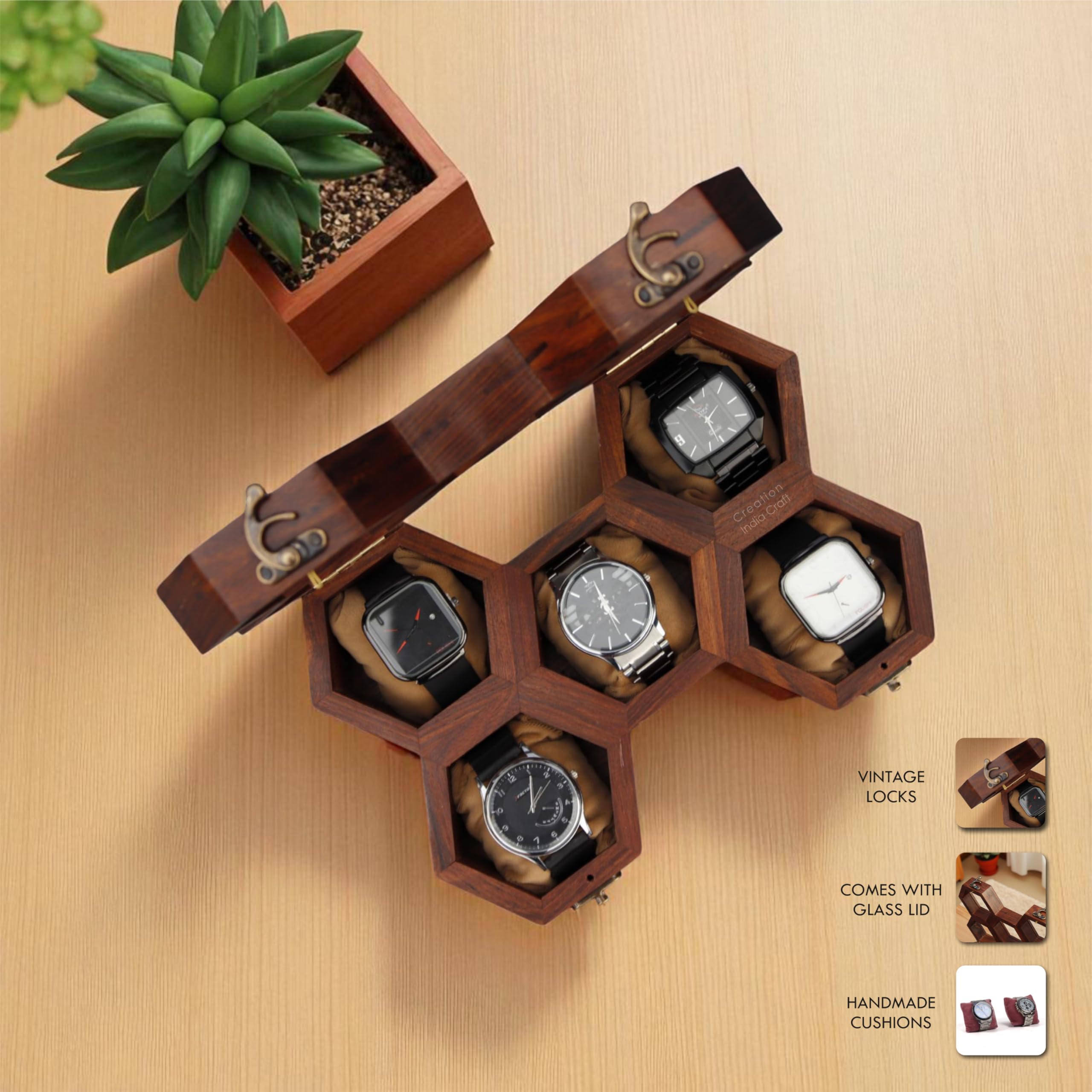 Drewniane etui na zegarek, pudełko ekspozycyjne w stylu vintage, organizer do przechowywania zegarków dla mężczyzn, pudełko na biżuterię dla kobiet - prezent dla męża lub chłopaka - indyjskie