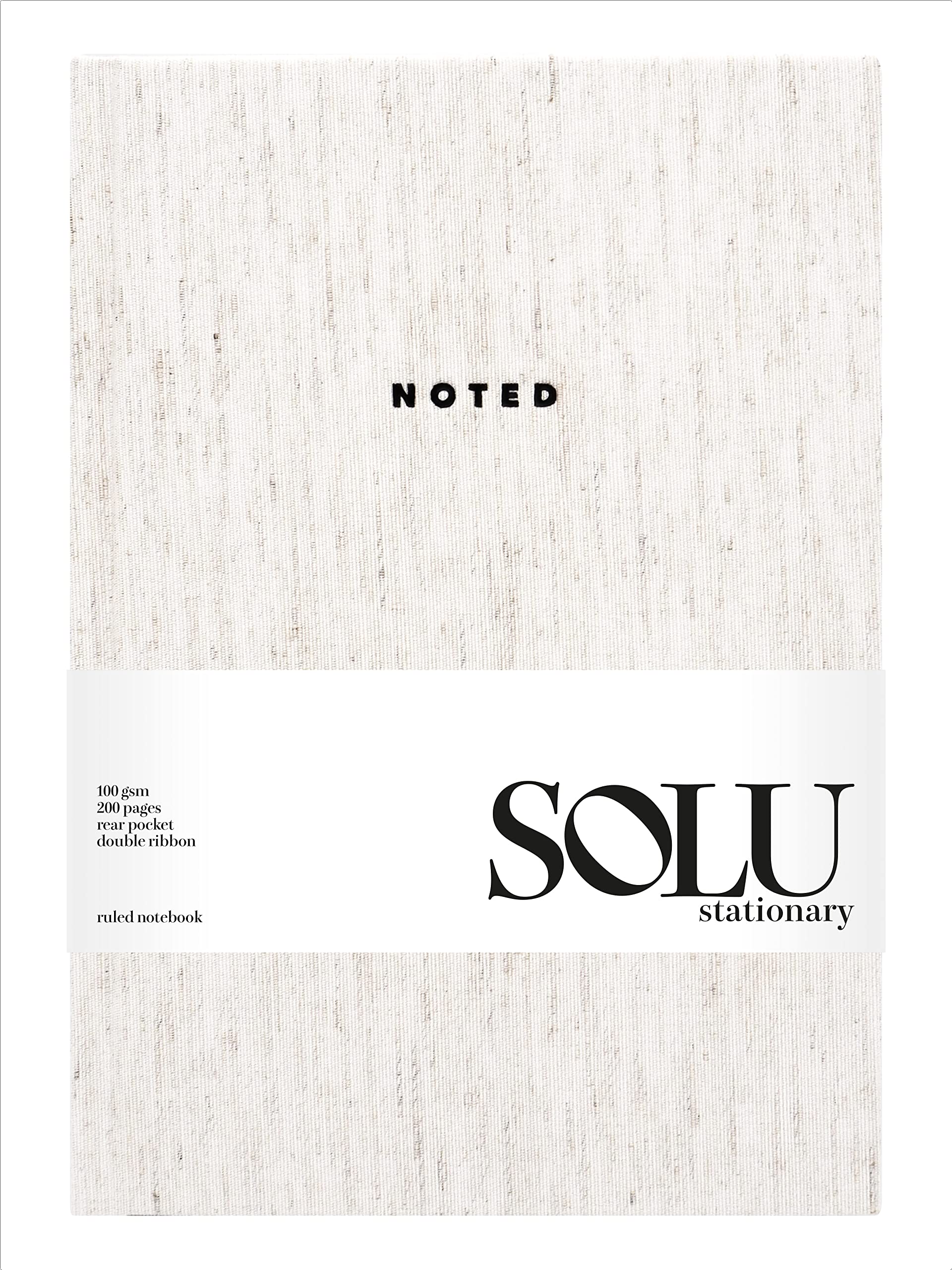 SOLU A5 Lined Notebook, Neutral Fabric Hardback, 200 Pages, 100 GSM, Double Ribbon & Pocket