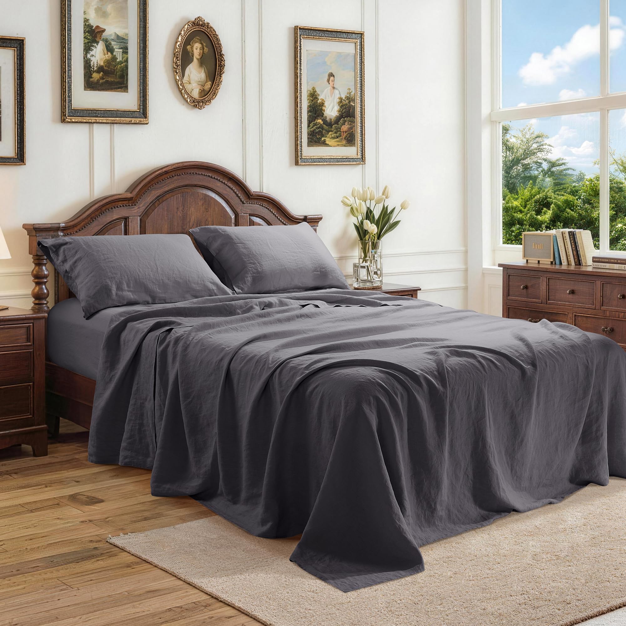 100% French Linen Sheet Set 4Pcs, 16” Deep Pocket Durable Bed Sheet Full