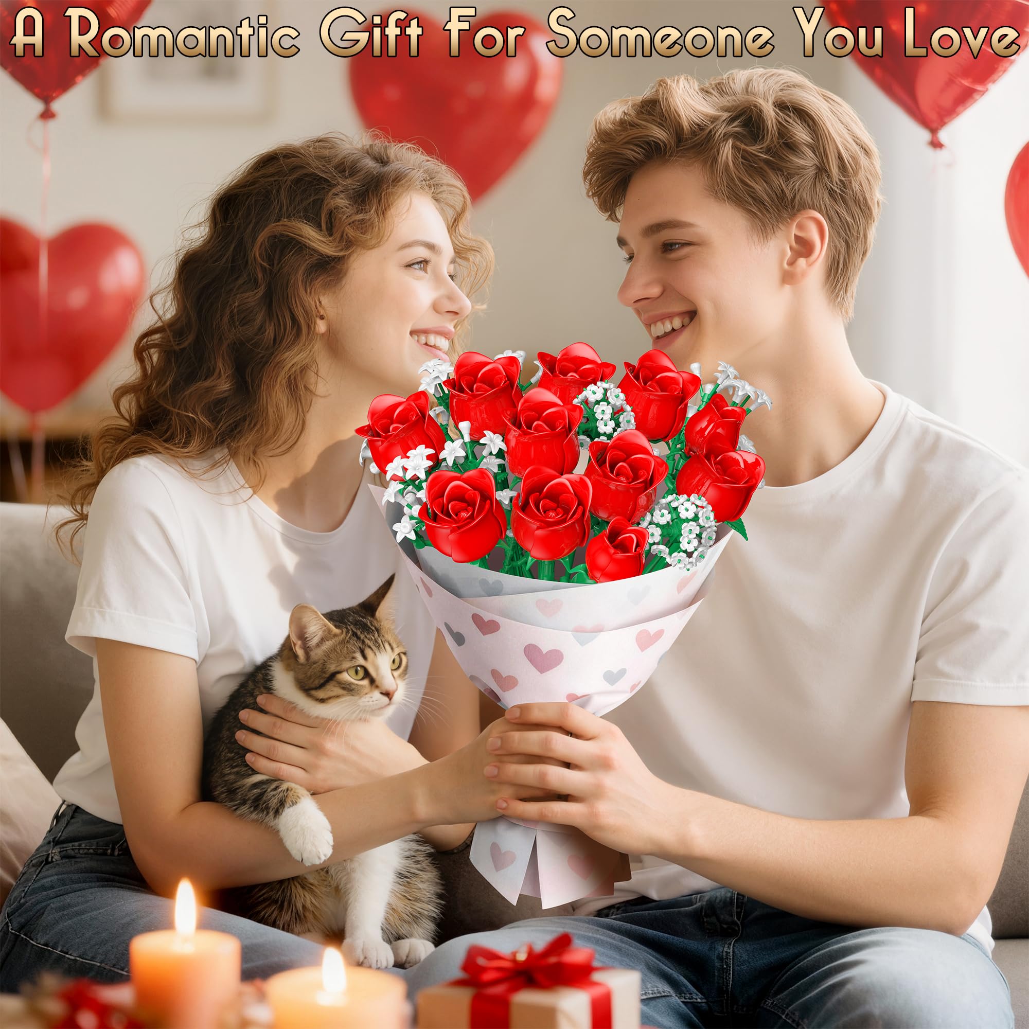MOGZZi Flowers Bouquet Building Kit for Adults 15 Artificial Plants Decor with 11 Red Roses, Gift for Girls Children Age 6+ - Image 4