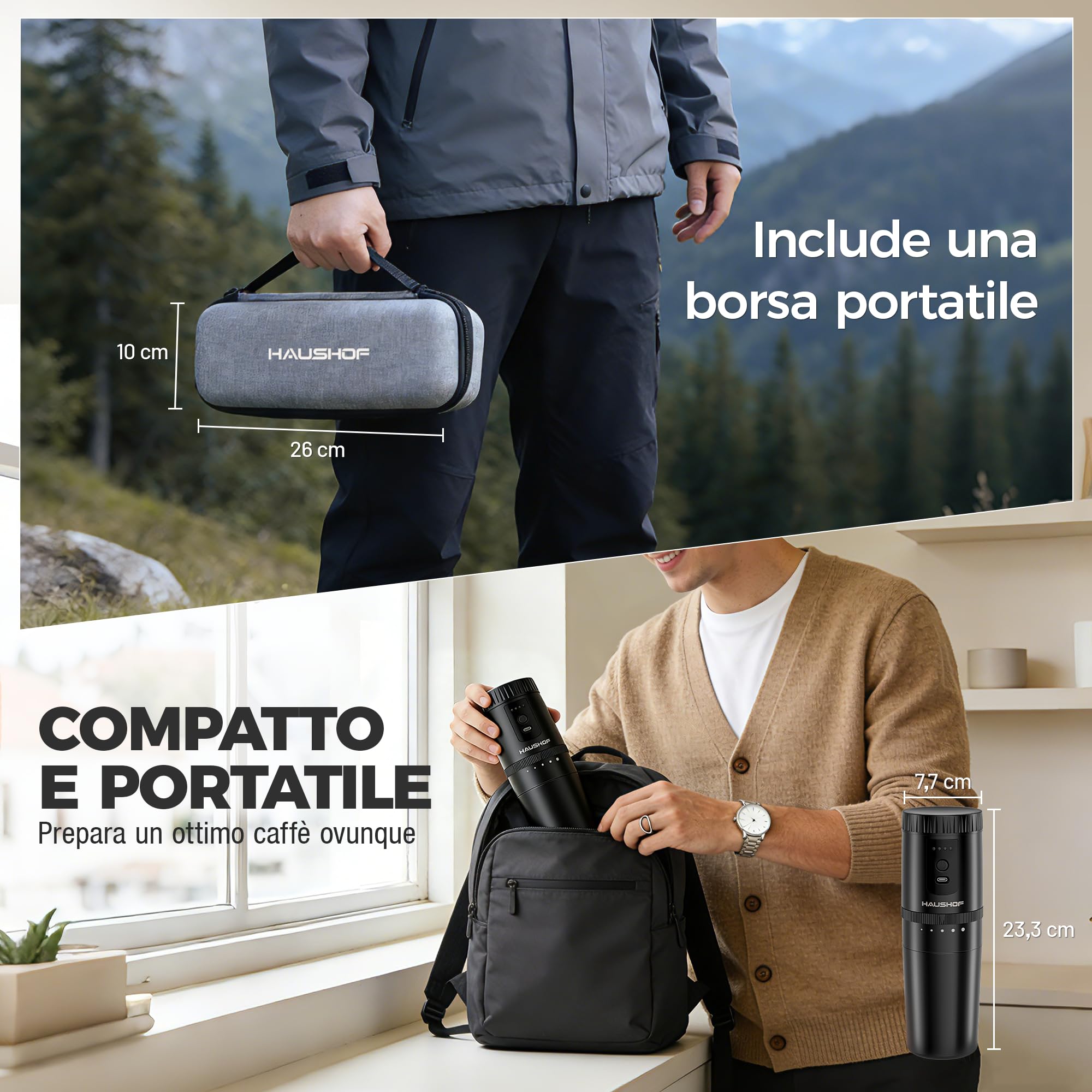 HAUSHOF Macinacaffè Elettrico Portatile Senza Filo con Infusione Integrata, Macinino Ricaricabile, Kit Manuale con Filtro in Acciaio e Tazza Termica da Viaggio, per Campeggio e Outdoor