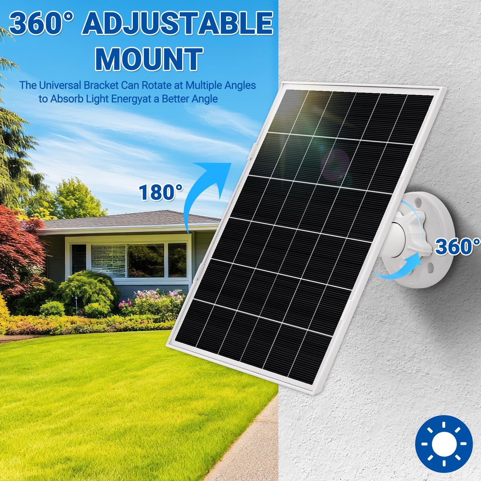 Panneau solaire 8 W pour caméras de sécurité extérieures sans fil – Chargeur universel avec port USB-C, micro USB et CC | Compatible avec les caméras à batterie CC 5 V (lot de 1)