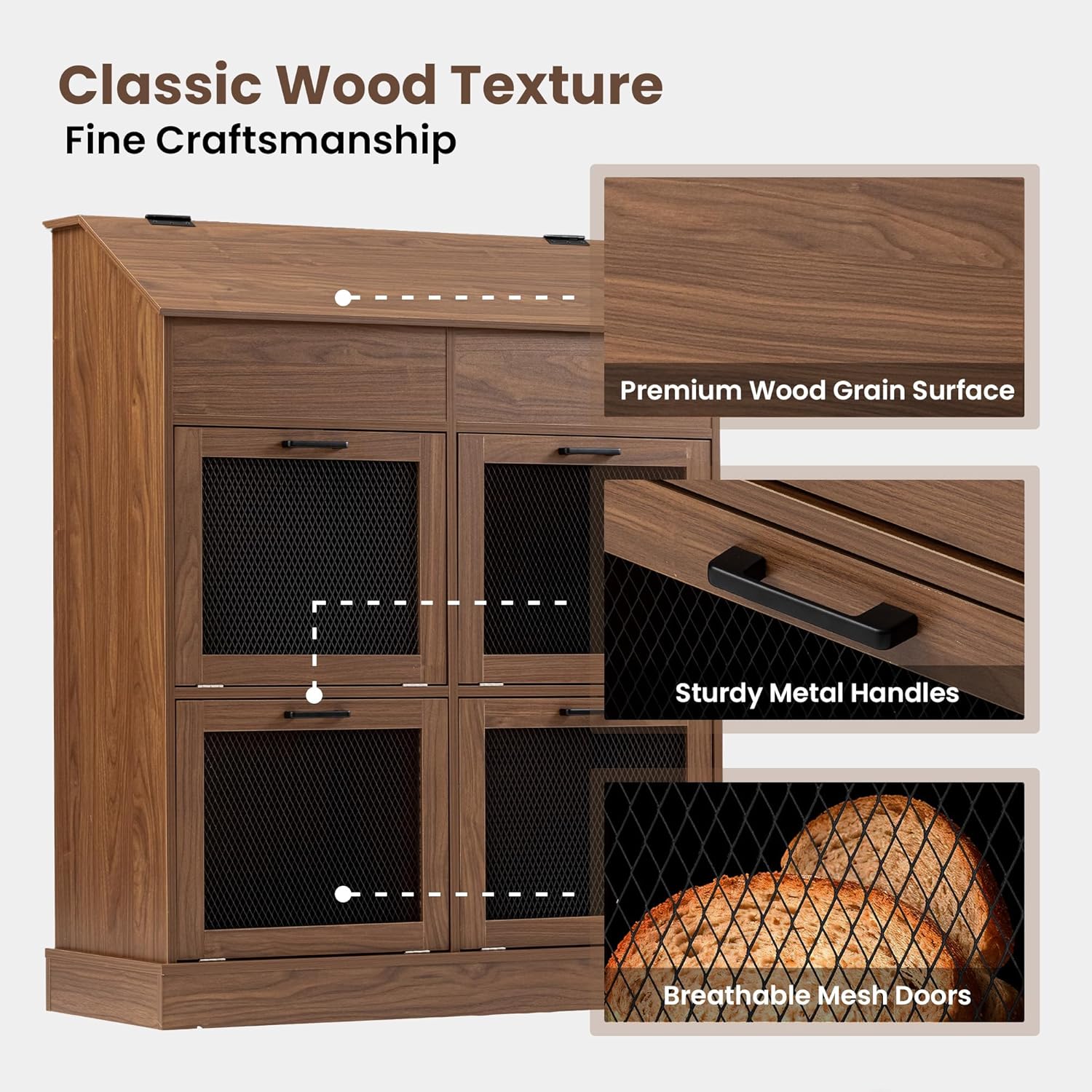 SUNBURY 47" Tall Farmhouse Kitchen Pantry Cabinet, Freestanding Wooden Vegetable Storage Hutch with Breathable Mesh Doors, 6-Compartment Floor Cabinet for Potato, Onion, Rustic Brown