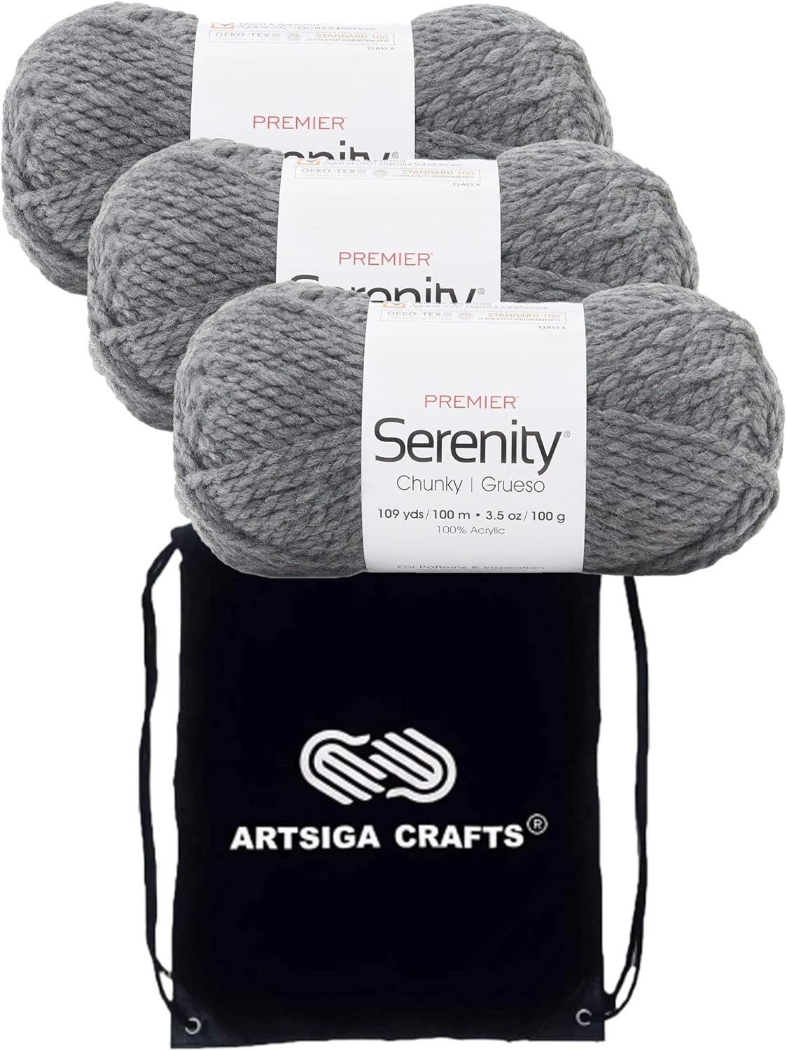 Premier Yarns Serenity Chunky Solid Smoke 700-41 (3-Skeins - Same Dye Lot) Chunky Bulky #5 Acrylic Yarn for Crocheting and Knitting with Project Bag