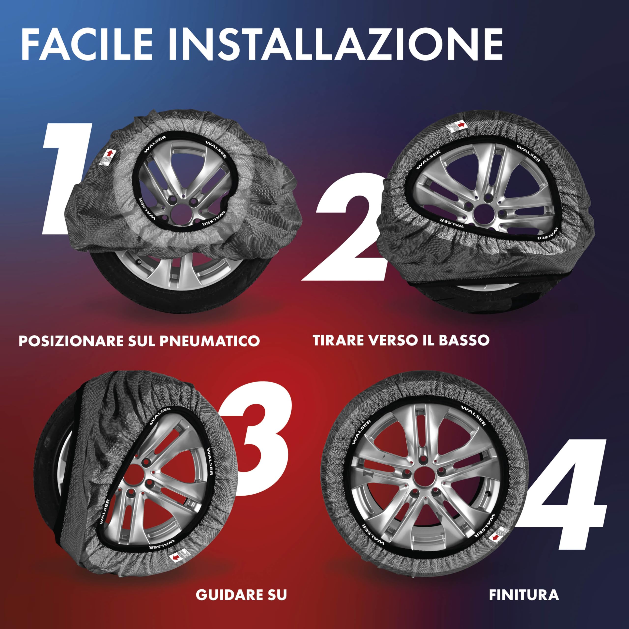 WALSER Premium Calze da Neve Omologate Italia EN 16662-1, Set di 2 Catene Invernali per Auto Grigio/Nero, Snow Sock R13-R22 XL