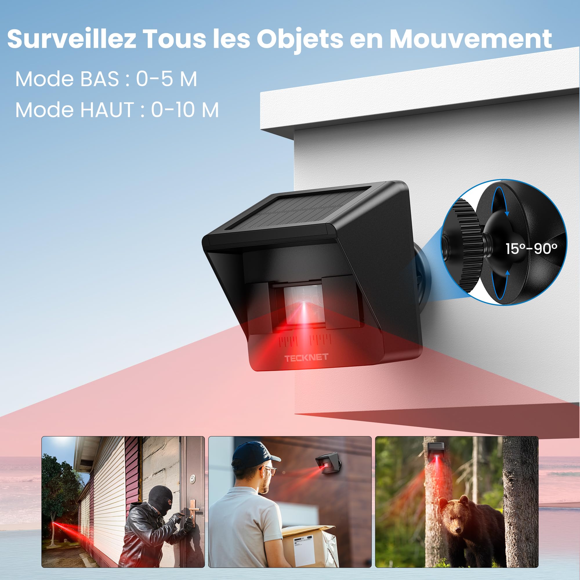 TECKNET Alarme Solaire sans Fil pour Allée, Portée 800 m, Détecteur de Mouvement Étanche, 36 Mélodies, 5 Volumes, 4 Zones, Intérieur/Extérieur (1 Récepteur 1 Capteur)