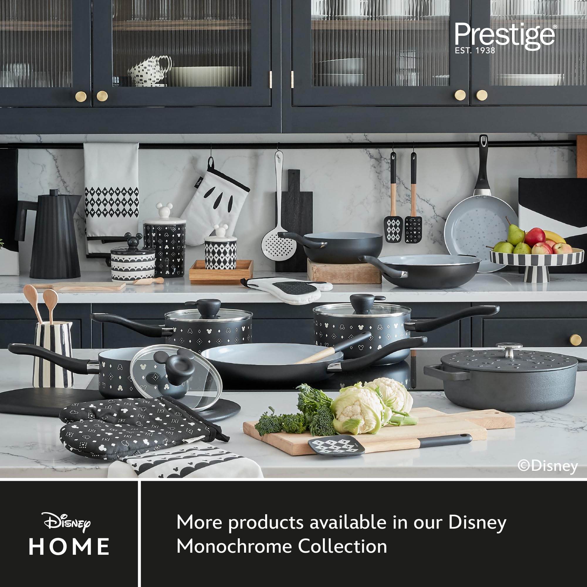 Prestige Disney - Set da cucina monocromatico in tessuto, grembiule e guanti da forno con strofinaccio, set da 2 pezzi, colore: bianco e nero