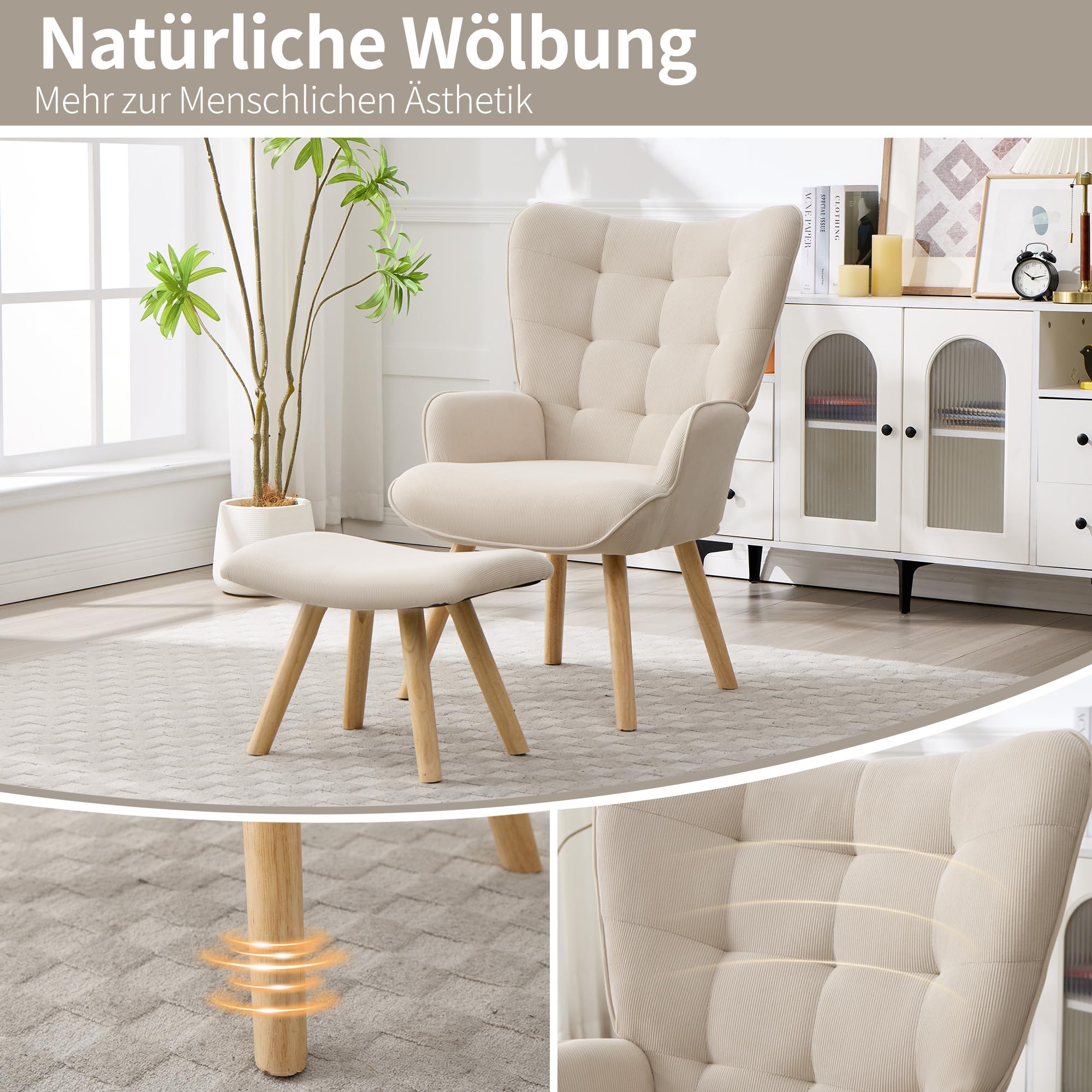 EBELLO Ohrensessel mit Hocker Sessel Wohnzimmer Loungesessel mit Cord-Stoff