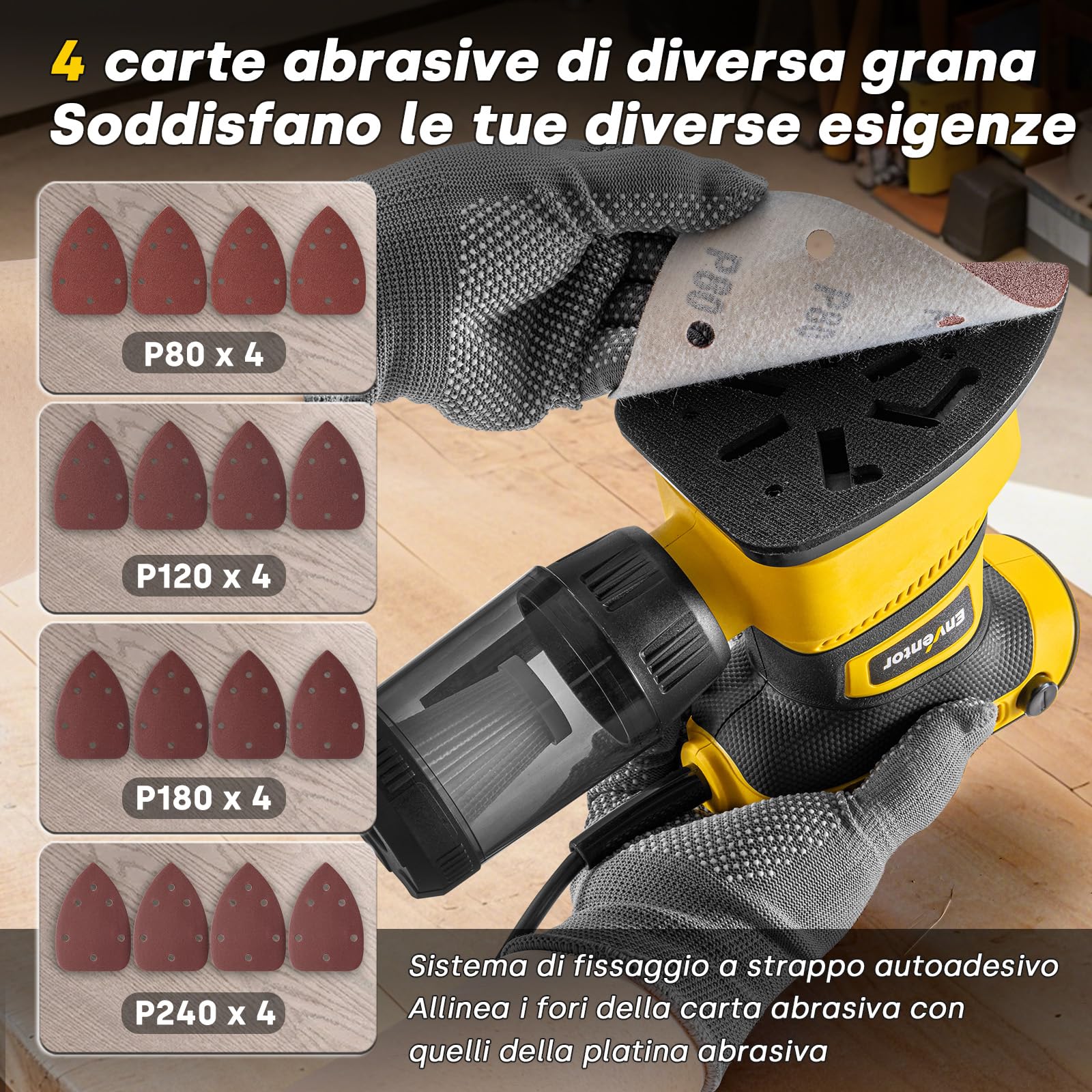 Enventor Levigatrice Mouse 210W, Levigatrice per Legno 15000RPM, 16PCS Carta Vetrata(80, 120, 180, 240), Contenitore Polvere, Levigatrici di Precisione per Levigare e Lucidare Legno e Metallo