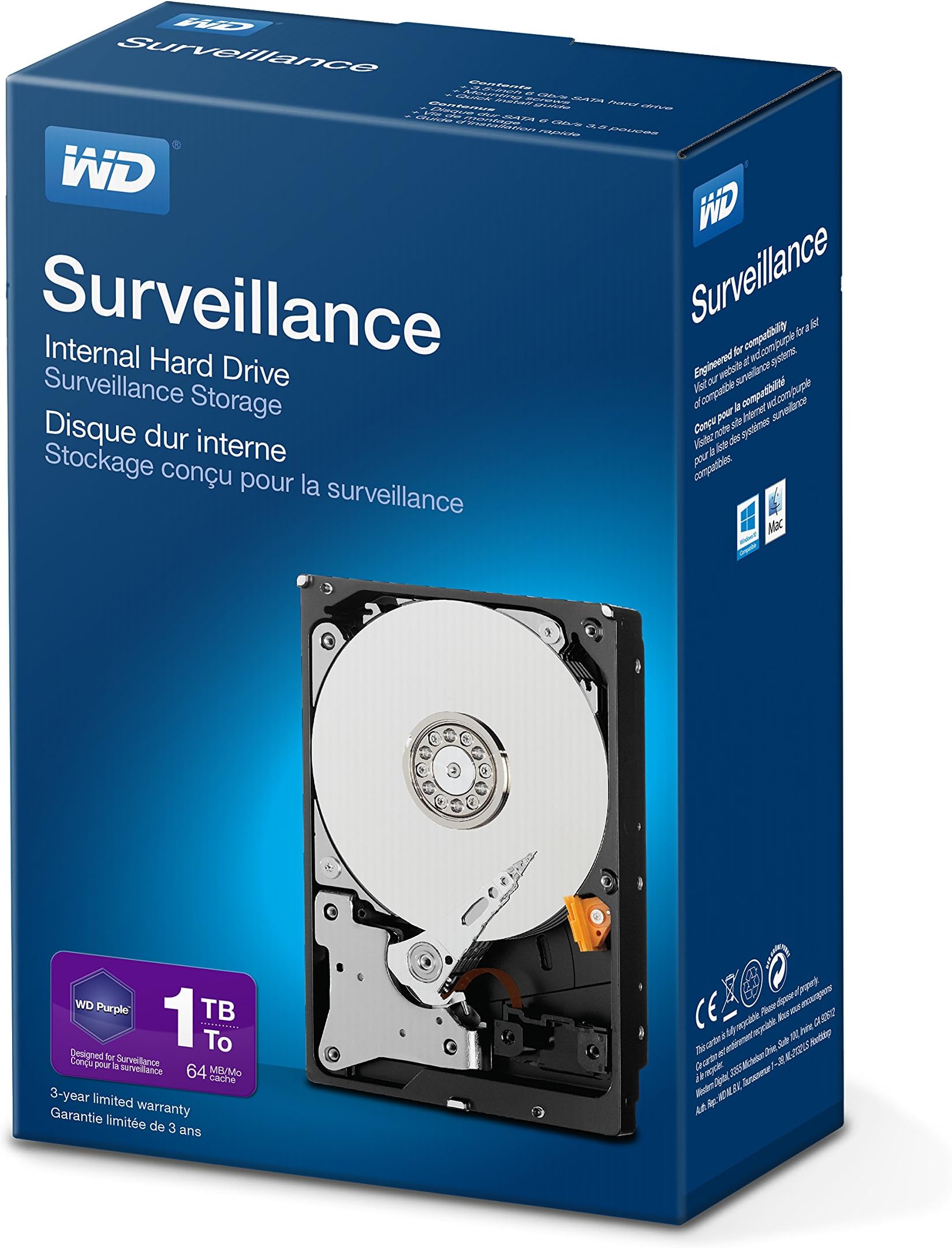 Purple 1 TB Surveillance Hard Disk Drive, Intellipower 3.5 Inch SATA 6 Gb/s 64 MB Cache 5400 rpm, Black
