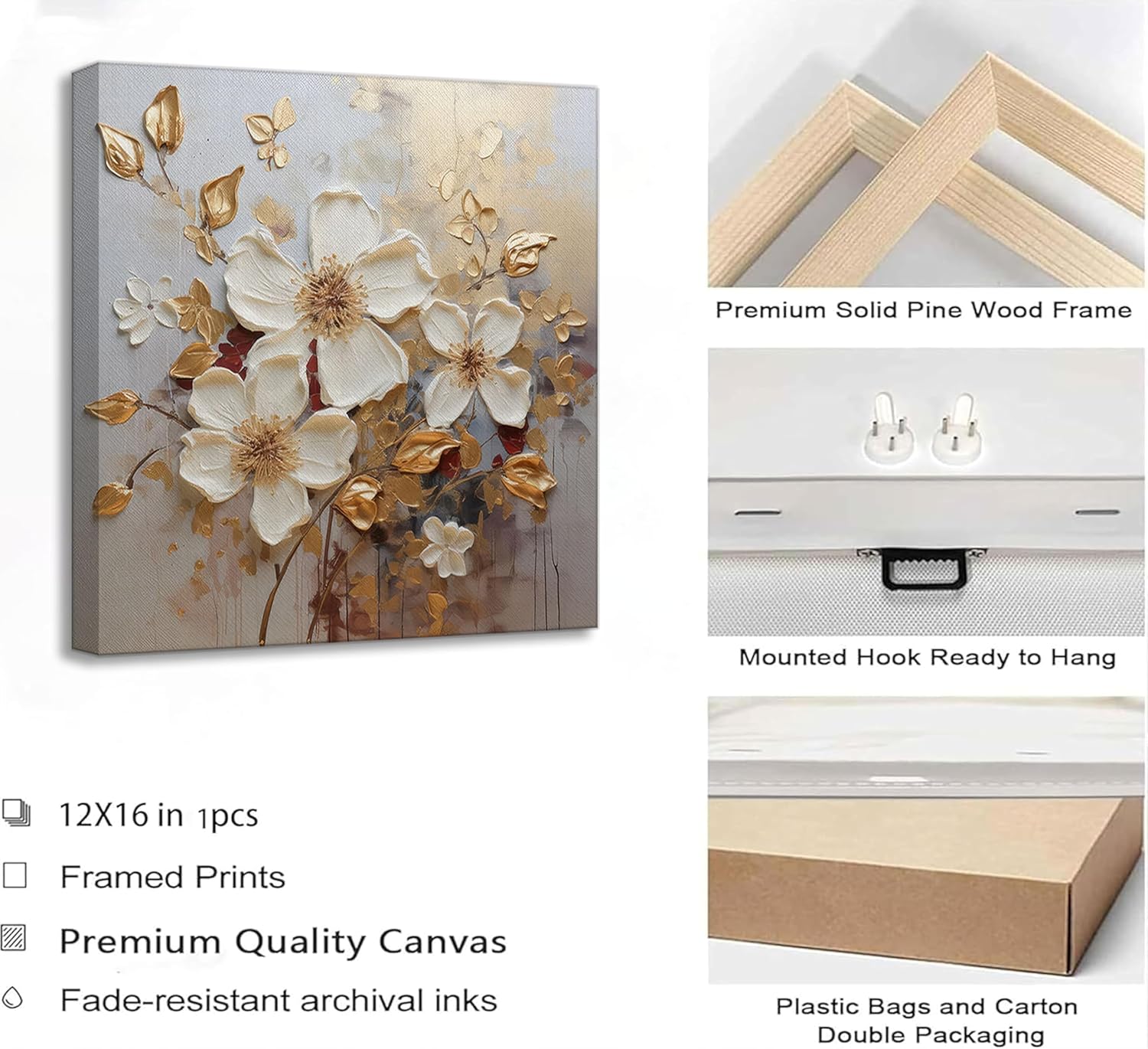 Abstract White Gold Flower Canvas Wall Art Modern Elegant Gold Leaf Floral Botanical Paintings Pictures Wall Decor Poster Print Artwork for Living Room Bedroom Home Decoration
