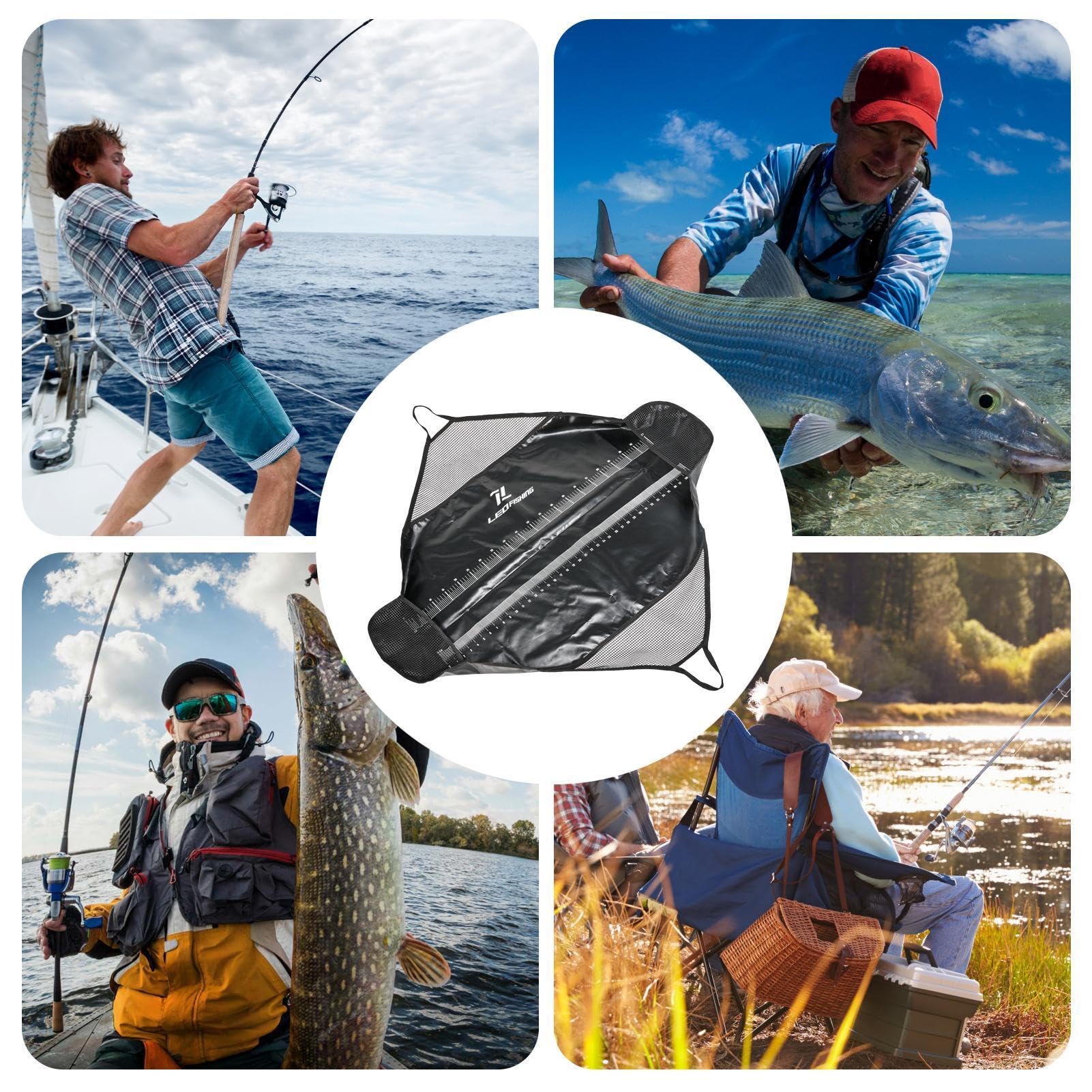Sac de Pêche Portable pour Kayak - Peser et Protéger le Poisson - Écharpe de Pesée avec Poignée pour Gros Bar, Carpe