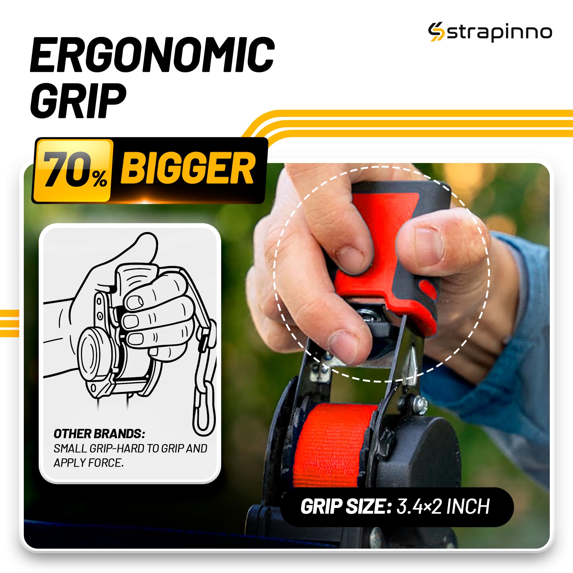 Strapinno - Correas de carraca retráctiles de 1 x 10 pies, amarres Seguros con Asas de Acero revestidas de Goma, para Motocicleta, Jetski, Kayak, Resistencia a la Rotura 1.5 libras/680 kg (Correa