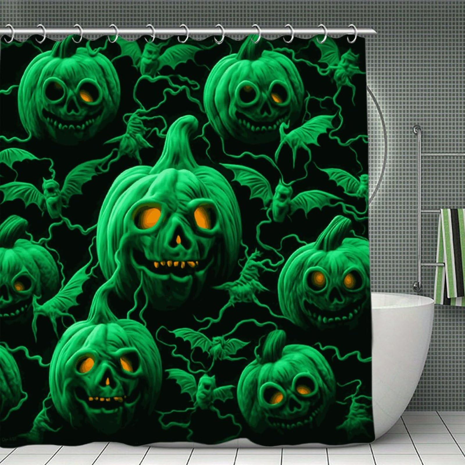 JTREHY Green Ghost Horror Halloween Pumpkin Shower Curtain Waterproof Bathroom Shower Curtain Machine Washable Bath Curtains Polyester Cloth Bath Curtains for Bathroom Showers 70.8×70.8Inch