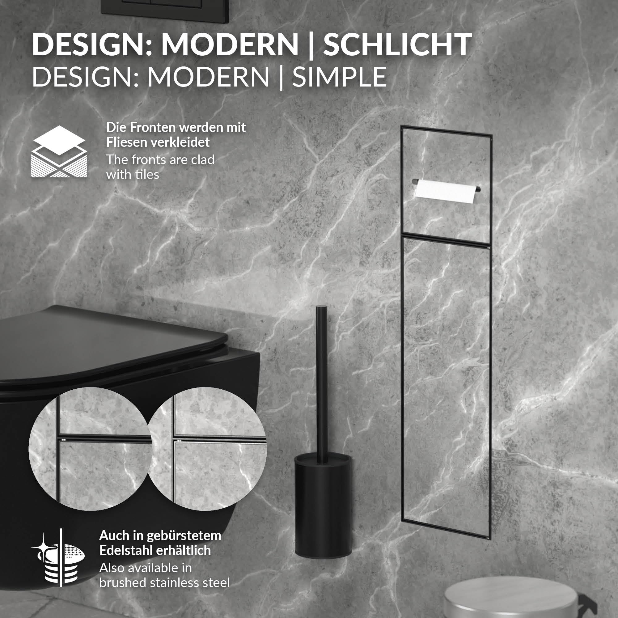LuxeBath Módulo de Armario Empotrado para Baño de Acero Inoxidable Negro Mate 60 x 20 x 14 cm con Portarrollos con Tapa y Escobilla, Mueble WC Alicatable Encastrado para Aseo/Servicio Nicho de Pared
