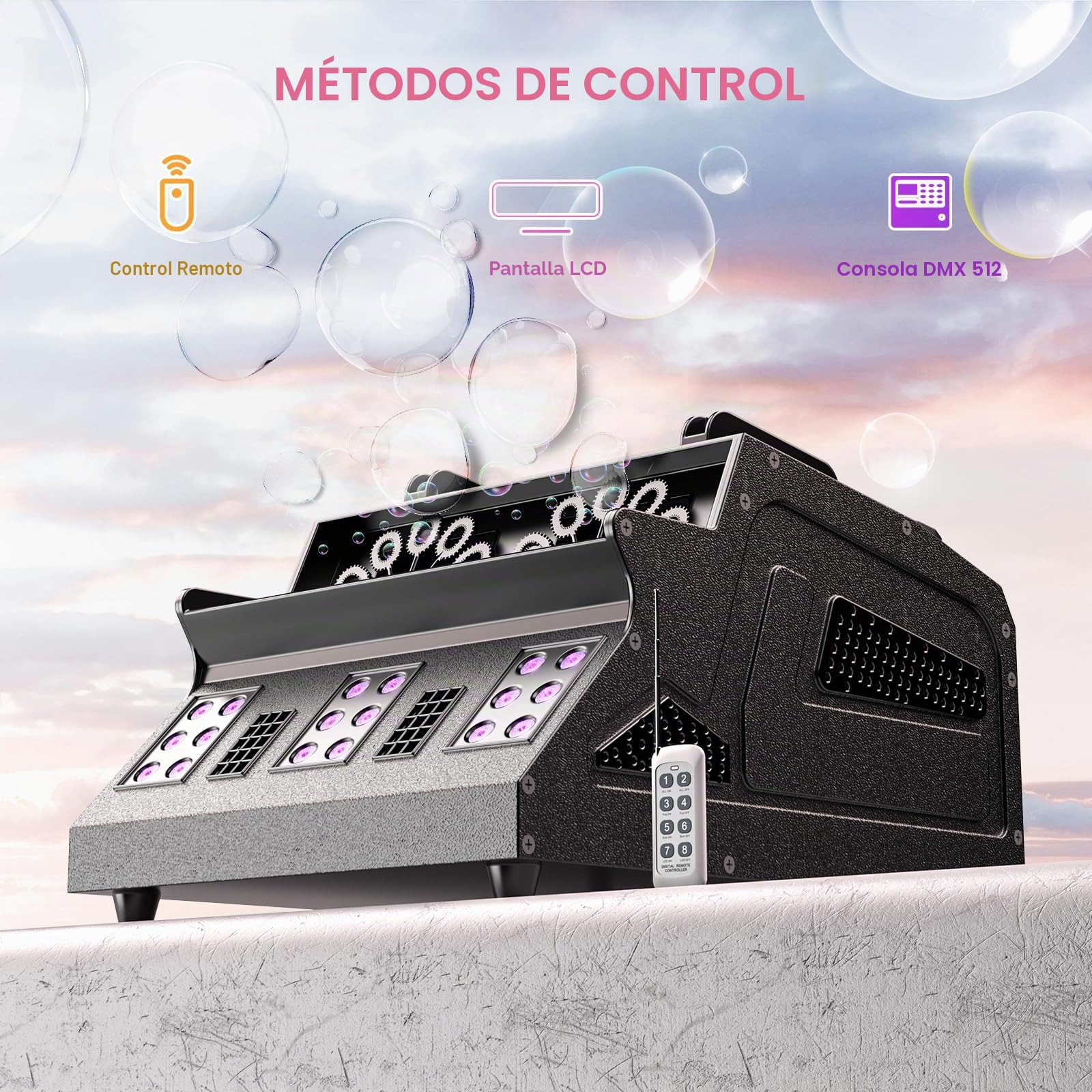 Máquina de Burbujas de Humo de 1500W con Control Remoto, 18 LED RGB d-mx512 Compatible con Máquina de Niebla de Burbujas con Control Independiente para Bodas Escenarios Fiestas Halloween y Navidad