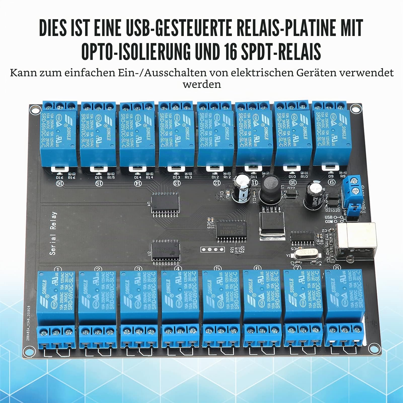 16-Kanal-Relaismodul, USB-gesteuert, DC 7–38V