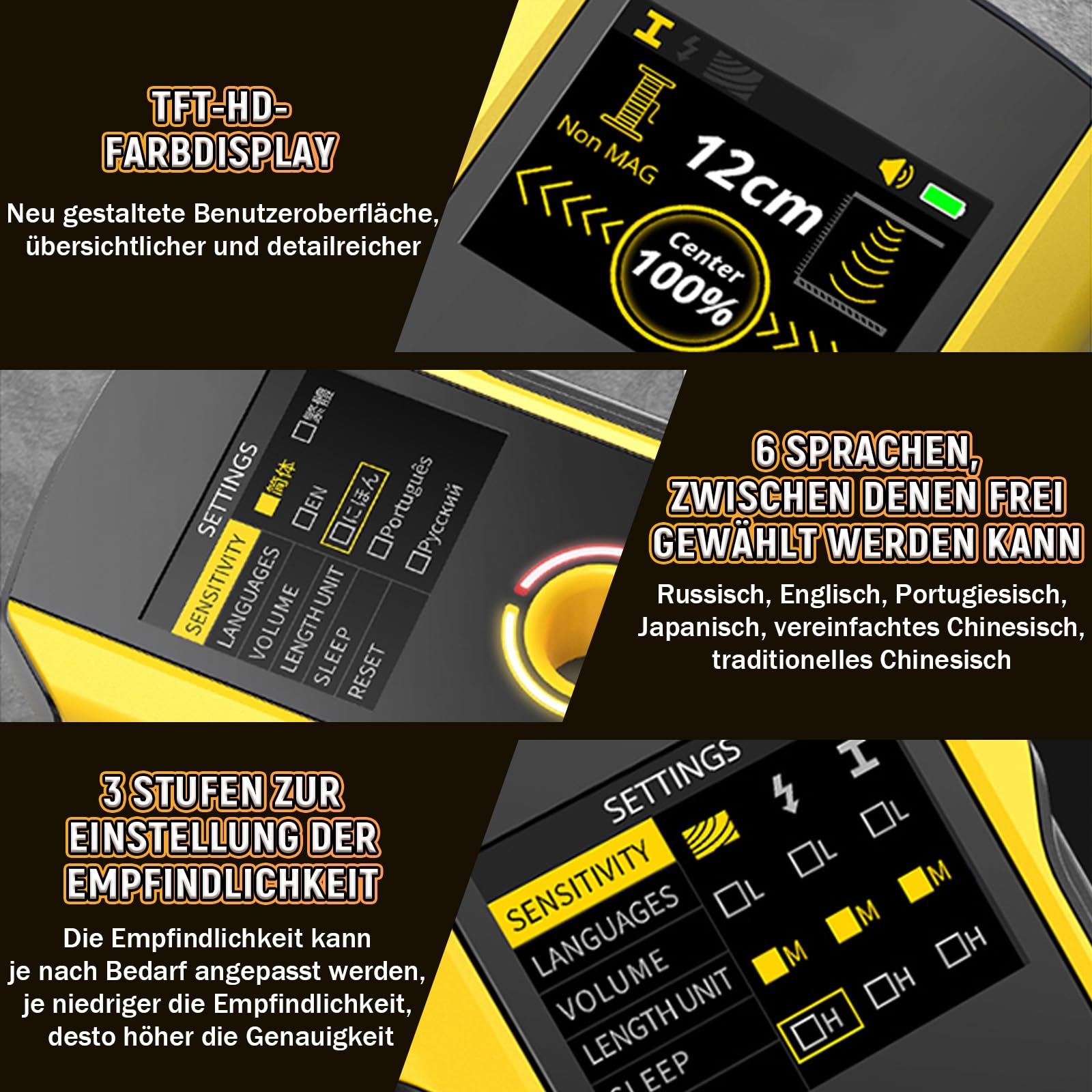 WD-02 Wandscanner Ortungsgerät, Leitungssuchgerät mit TFT-Display & Positionierungsloch, Wandmetalldetektor für Mitte und Kante von Holzständern, Metallteilen, Kabeln, Rohren und Balken