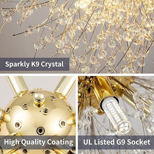 Miniatura 4 de TANLUX Lámpara de techo de montaje empotrado de fuegos artificiales dorados, moderna lámpara de techo Sputnik de cristal, 6 luces cerca del techo