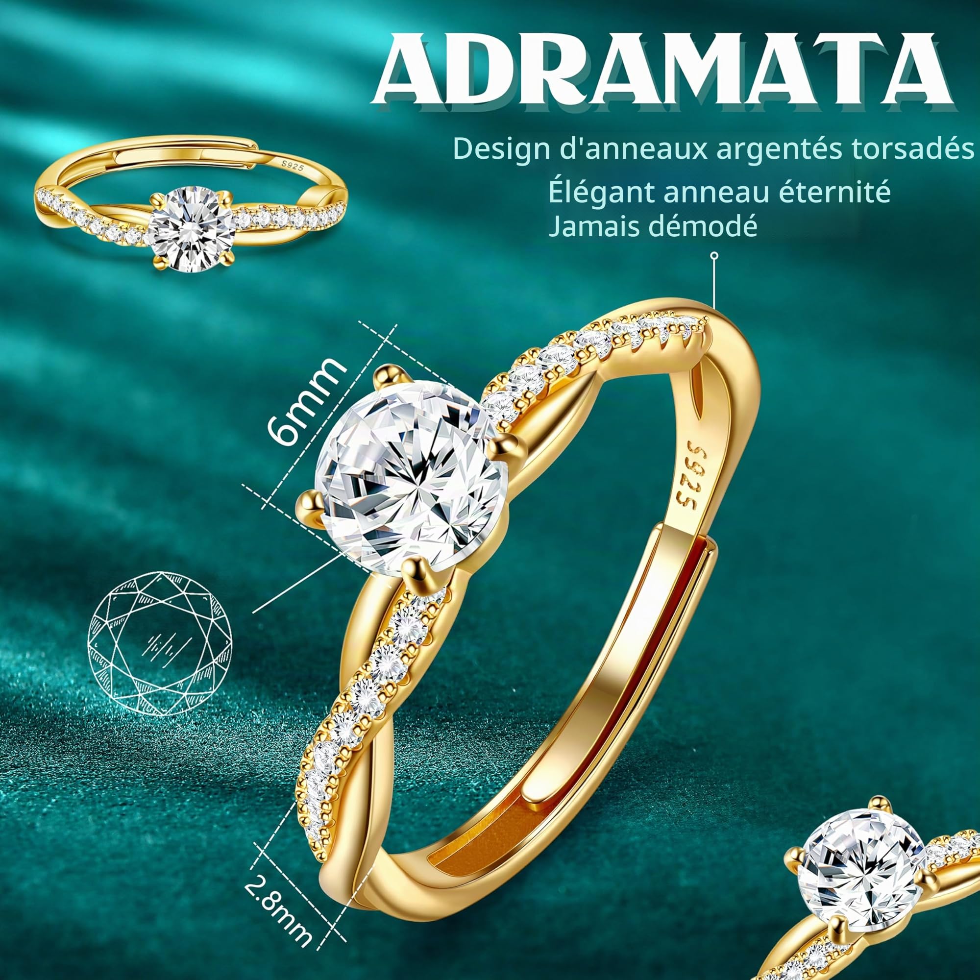 Adramata Bague Argent 925 Femme Reglable Bague Zircone Cubique Alliance Femme, Bague de Fiancailles Bague Promesse Mariage Bague Pouce Argent/Or Bague Femme Cadeaux de Bijoux