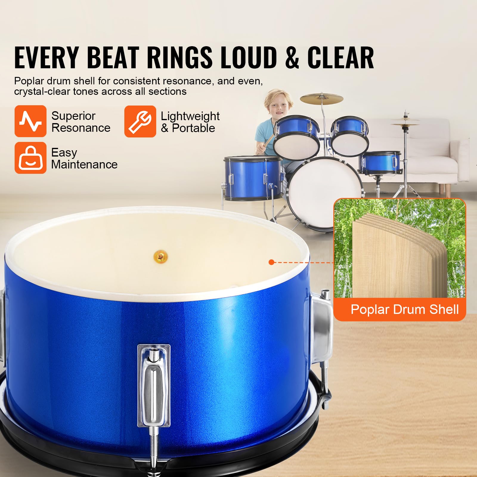 Happybuy 5-Piece Kids Drum Set, 16-inch Beginner Full Kit with Bass, Toms, Snare, Floor Drum, Adjustable Throne, Cymbal, Hi-Hat Pedal & Drumsticks, Starter Kit for Children, Blue