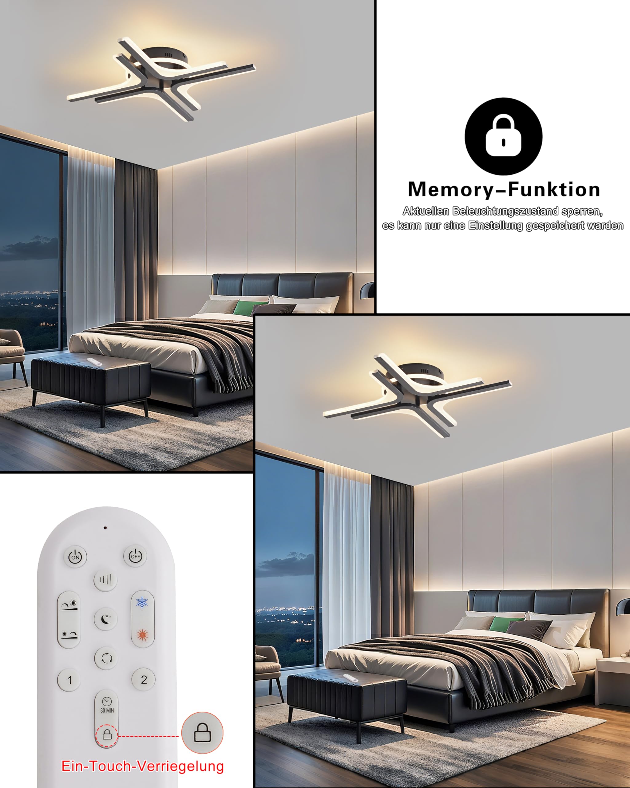 LED Deckenleuchte Dimmbar schwarz Stern, 57cm 32W Farbtemperatur 3000-6000K, Helligkeit 10-100%, Neu Fernbedienung/Mobile APP, Für Schlafzimmer, Wohnzimmer, Flur, Mit Memory-Funktion, 3W Nachtlicht