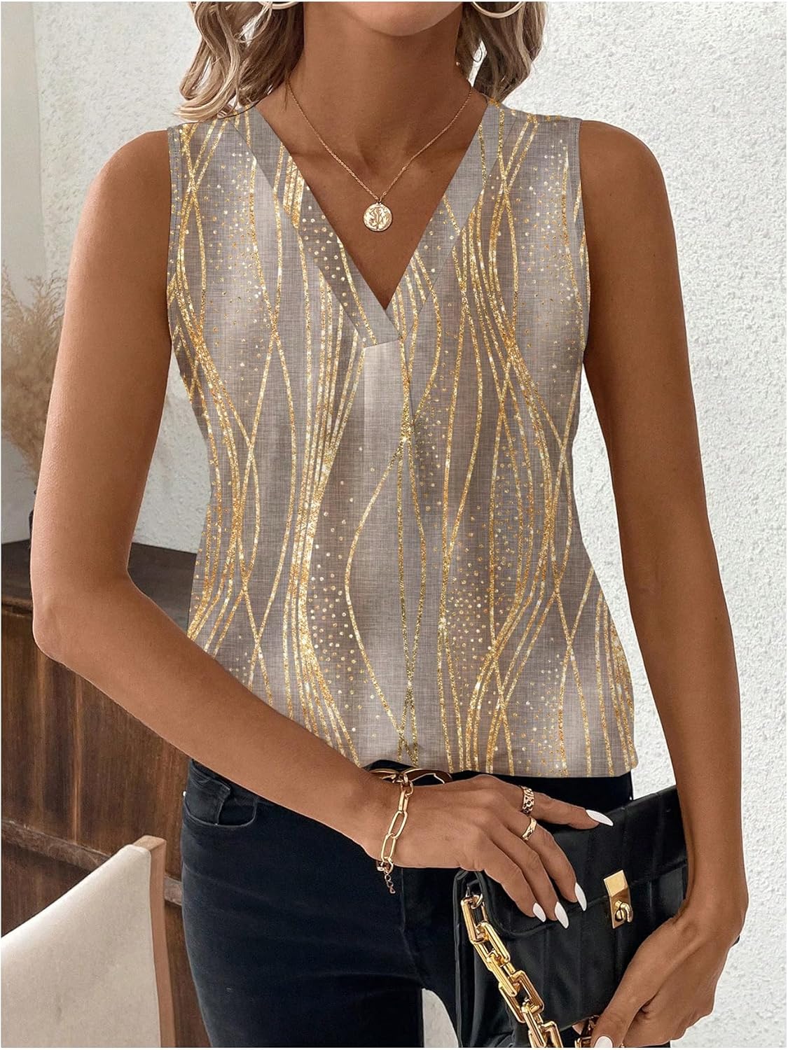 SHENHE Women's V Neck Sleeveless Blouse Patterned Summer Dressy Casual Office Shirt Top - Image 4