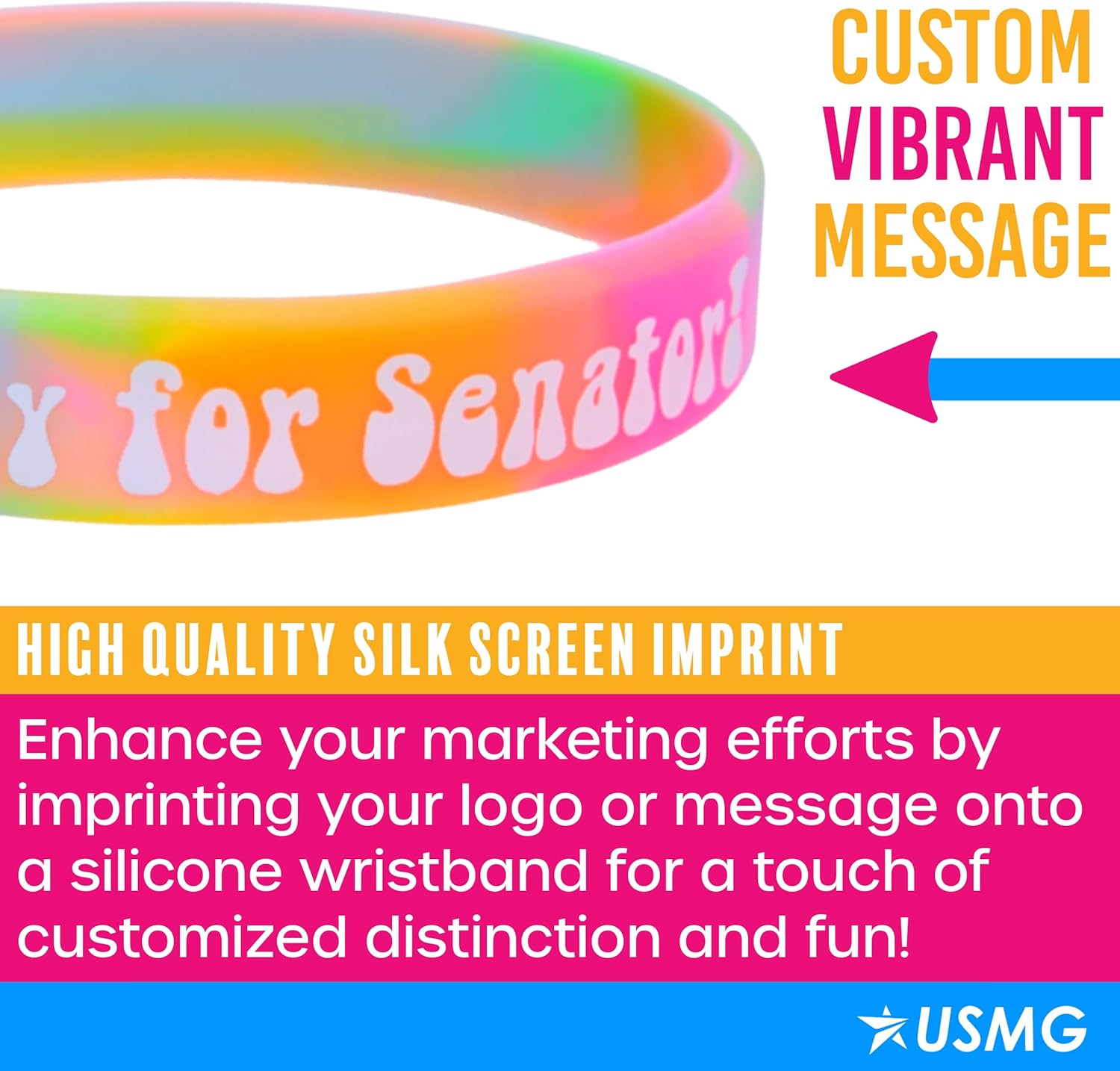USMG Swirl Colored Custom Silicone Wristbands - Personalized 1/2" Rubber Bracelets One-Color Print for Marketing & Events