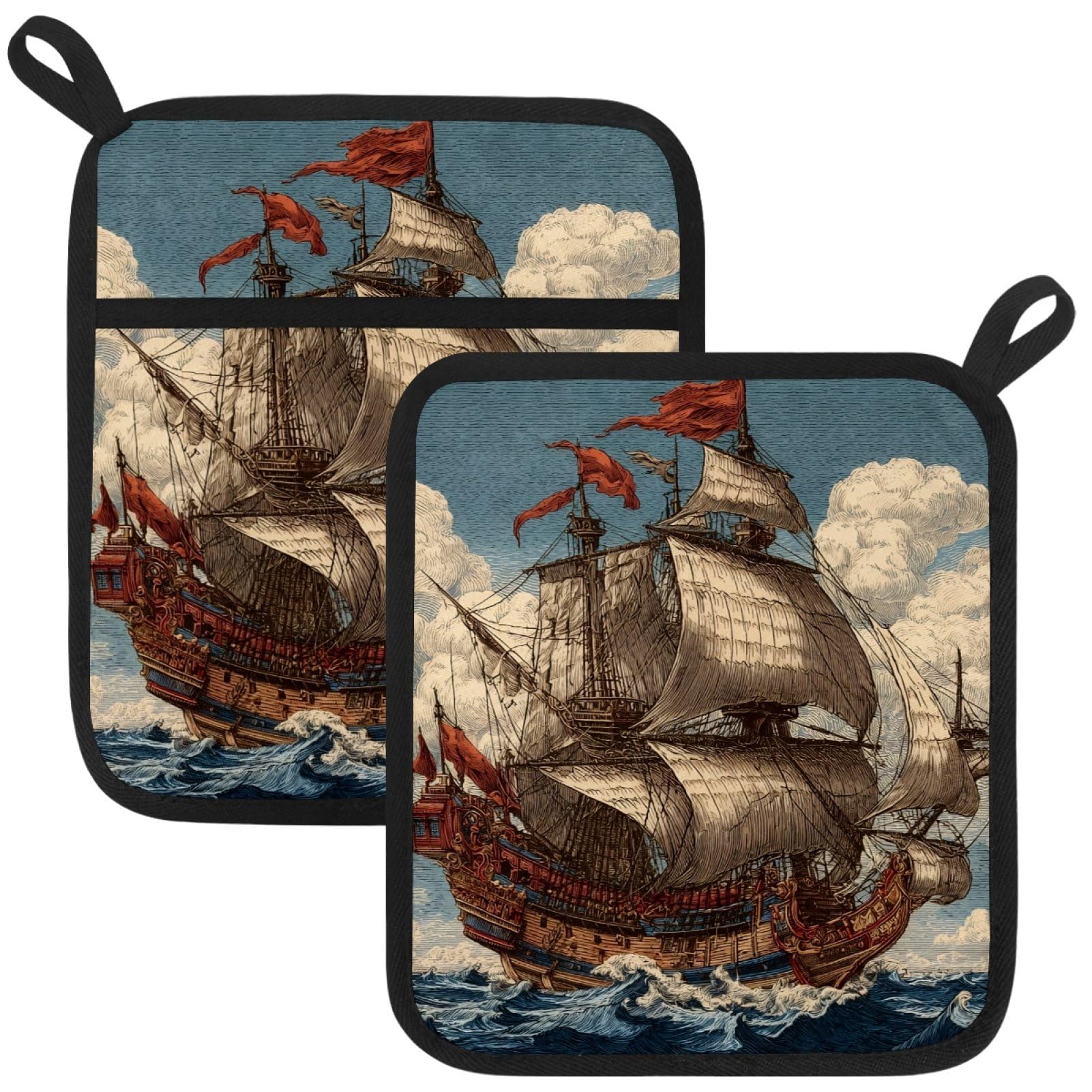 VAPOKF Retro Sailboat Kitchen Hot Pot Holder, Pot Holders Heat Resistant Pot Holder with Pocket Heat Resistant Trivets for Hot Pans Cotton Pot Mitts for Kitchen Cooking Baking
