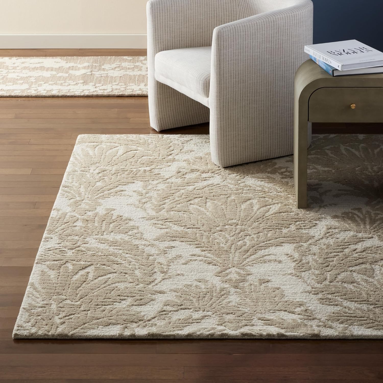 Nicole Miller New York Mod Damask Chambray Handcrafted Area Rug, 100% Wool Rug, Taupe, 5'x7’
