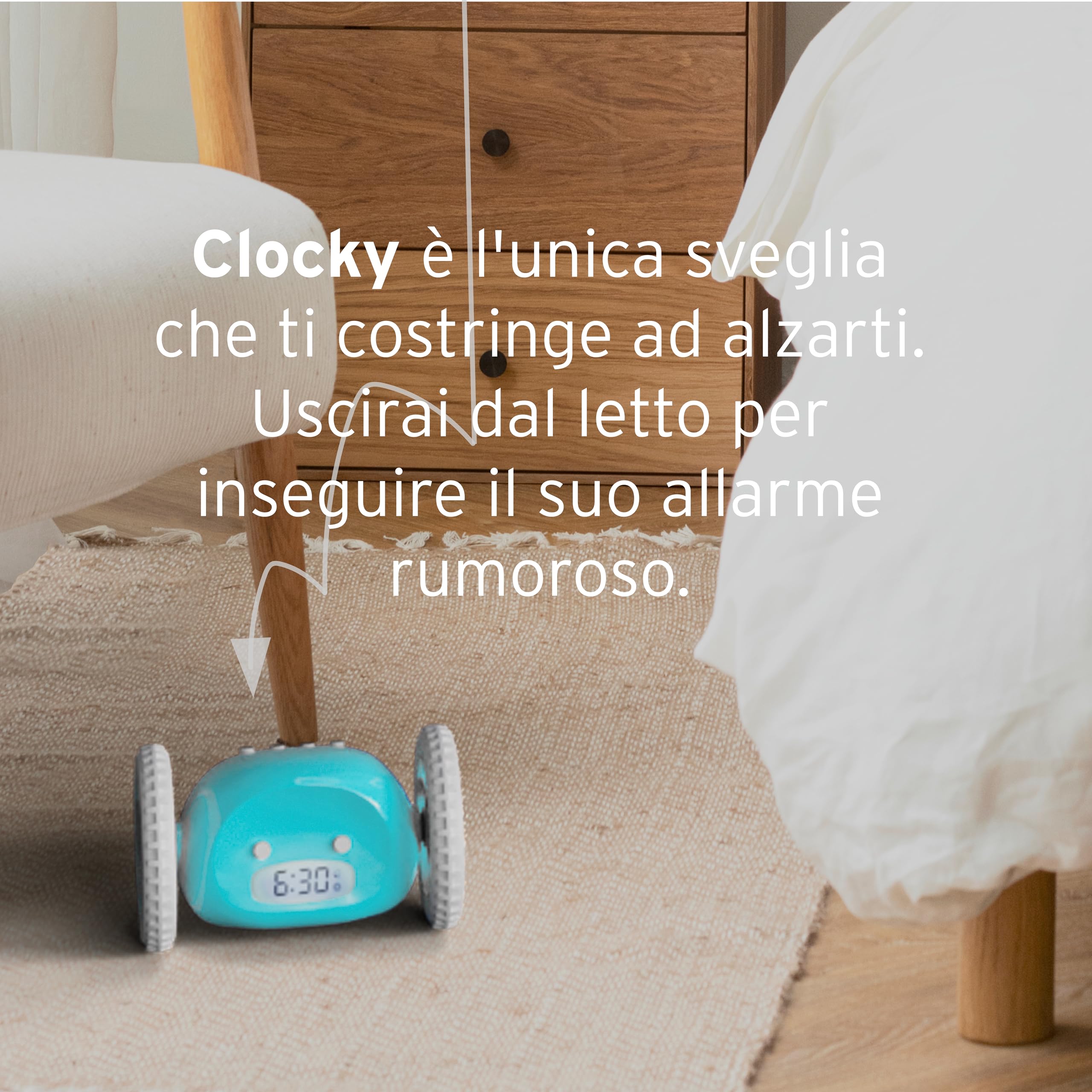 CLOCKY Sveglia Rumorosa per chi ha il Sonno Pesante Dormiglioni Pesante Sordi Ruote Sveglia Digitale da Comodino per Dormienti Rumorissima Adulti Bambini che Scappa Cammina Regali Divertenti (Blu)