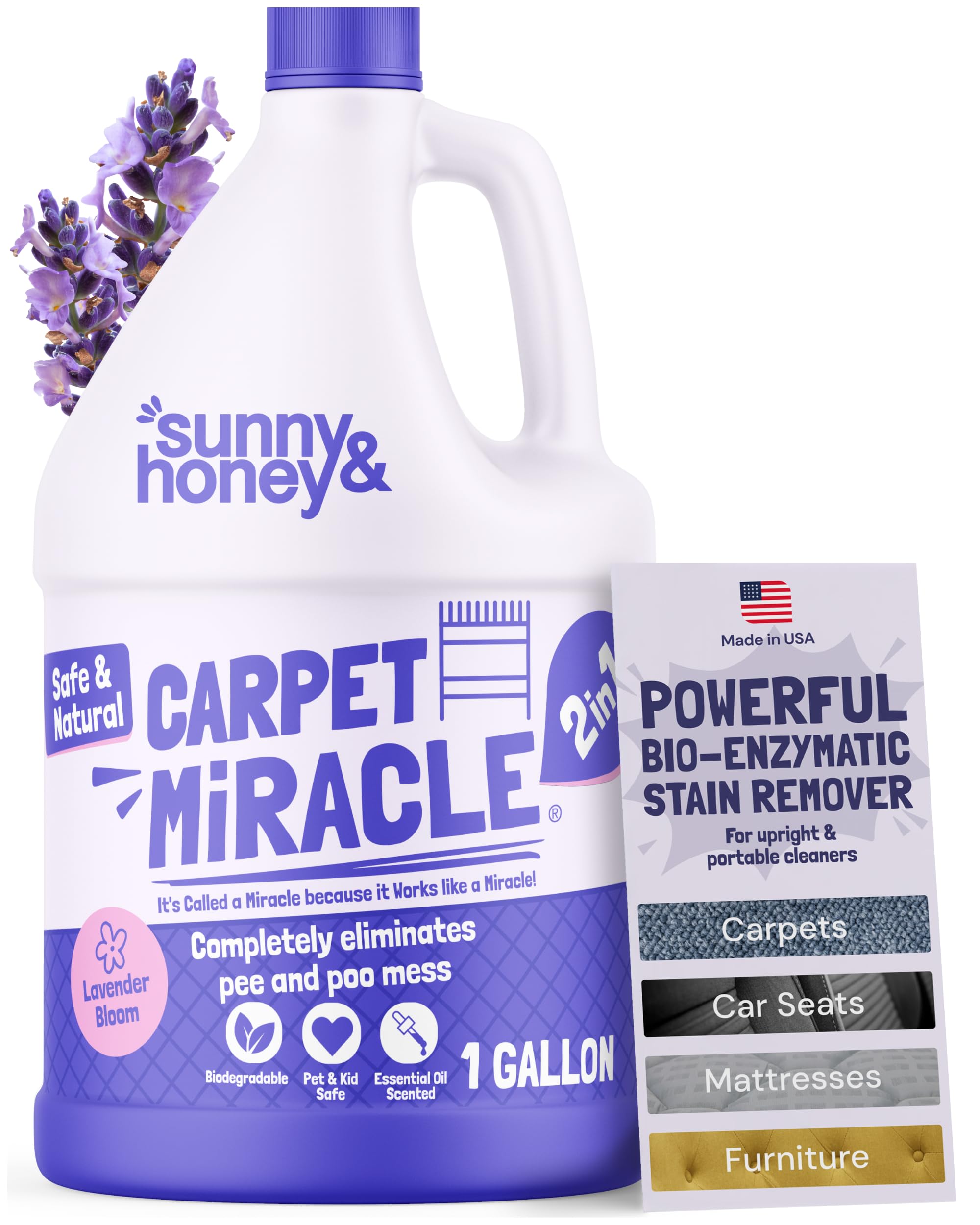 Sunny & Honey Carpet Cleaner Shampoo - 128 Fl Oz, Light Lavender Scent - Pet Stain Remover & Odor Eliminator - Rug Cleaner & Upholstery Cleaner Solution for Machine Use
