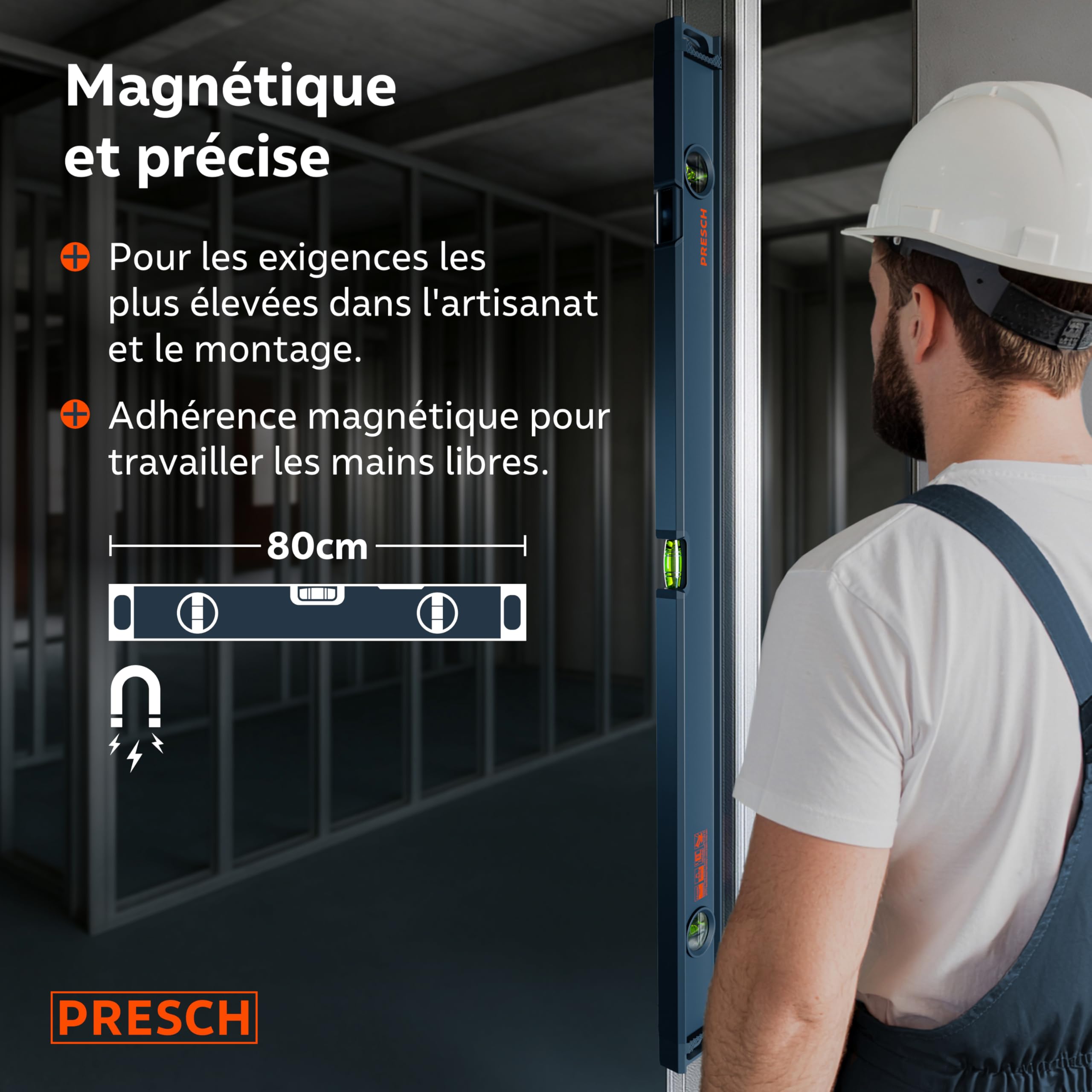 Presch Niveau à Bulle Magnétique 80cm - Fiole incassable avec pente 2% - Fenêtre de lecture verticale - Embouts antidérapants innovants - Surface de mesure précise