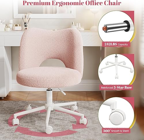 Miniatura 8 de Silla de tocador con ruedas rosa, bonita silla de tocador con respaldo, bonita silla de escritorio de forro polar ultra afelpado, silla de oficina