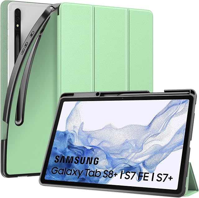 MoKo Case Fits Samsung Galaxy Tab S8 + 2022 / Tab S7 FE 5G 2021/ Tab S7 + (12.4 Inch) with S-Pen Holder, Shockproof Full Body Trifold Stand TPU Back Cover Case with Pen Slot/Auto-Wake, Green