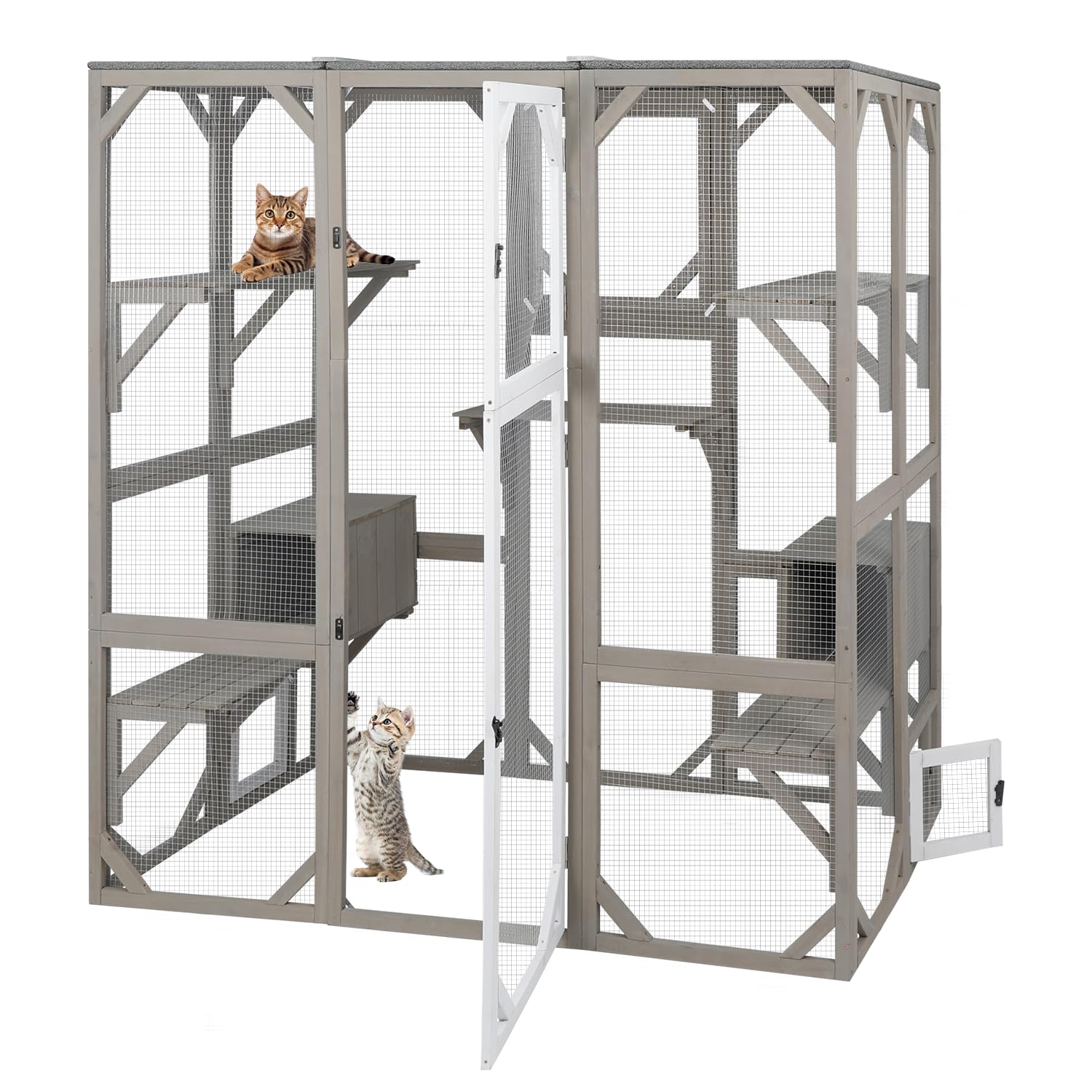 Catio Outdoor Cat Enclosure Cat House, Large Wooden Walk-in Cat Cage Condo Indoor Playpen with Multi Platforms, Flat Roof, and 2 Resting Box (Grey, 70.9" L x 36.5" W x 70.9" H)