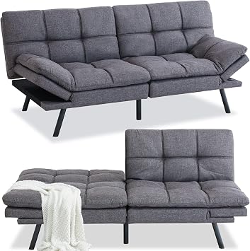 Opoiar Modern Convertible Sleeper Sofa, Memory Foam Futon, 71"x33"x32" Loveseat Bed, Breathable Linen Adjustable Lounge Couch with Metal Legs, Dark Grey