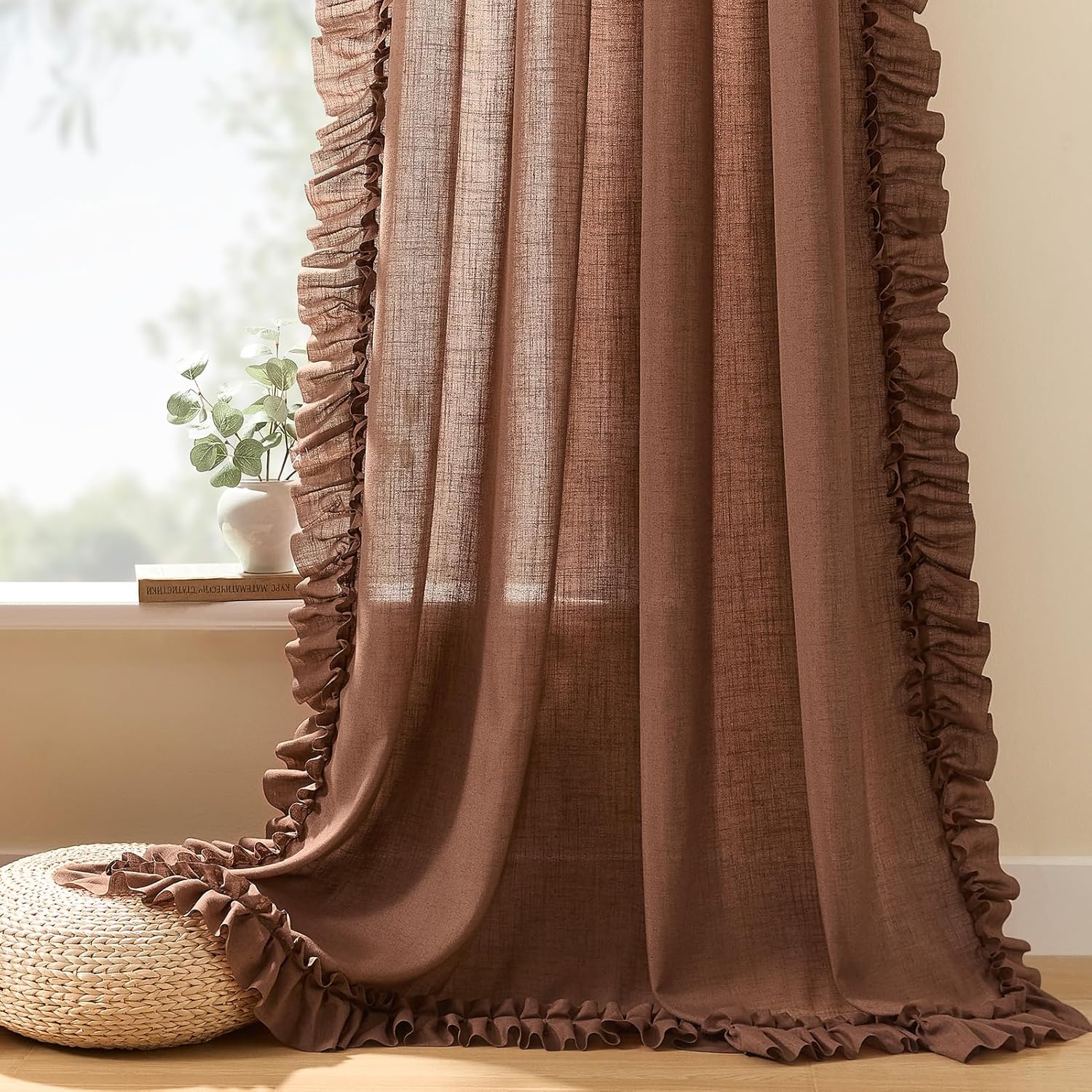 Dark Terracotta Ruffle Curtains 63 Inch Length, 2 Panels, W47 x L63 Inch, Linen Textured Rust Colored Farmhouse Scalloped Curtains for Bedroom, Rod Pocket Light Filtering Semi-Sheer Flowy Boho Curtain