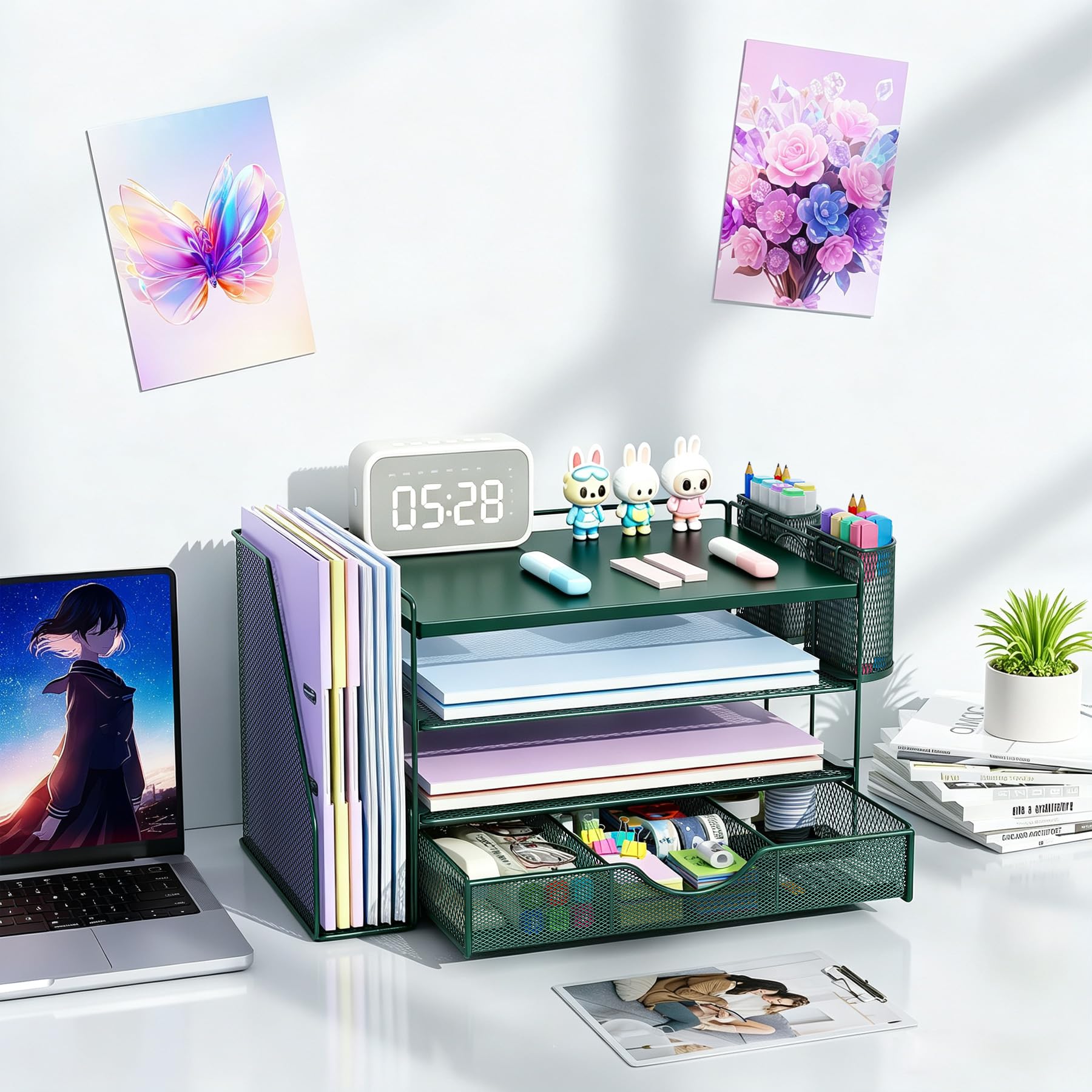 gianotter Desk Organizers and Accessories with File Holder, 4-Tier Desk Accessories & Workspace Organizers with Drawer and 2 Pen Holder, Desk Reference Organizer (Green, 4T with Metal Drawer) view 6