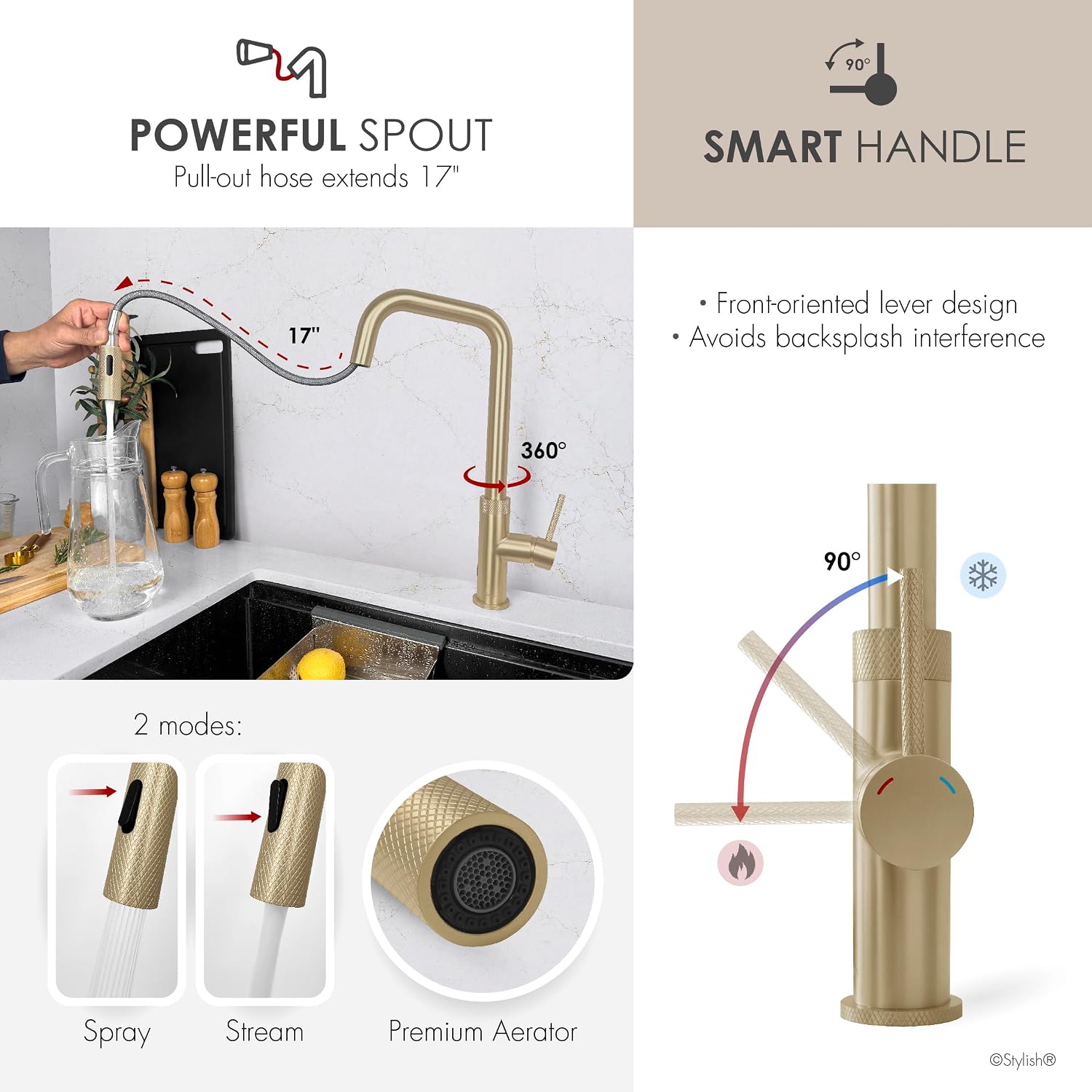 Stylish Touchless Kitchen Faucet with Pull Down Sprayer Single Lever Handle Dual Function Stainless Steel Kitchen Sink Faucet with Ceramic Cartridge and Aerator Brushed Gold Finish, K-150GM