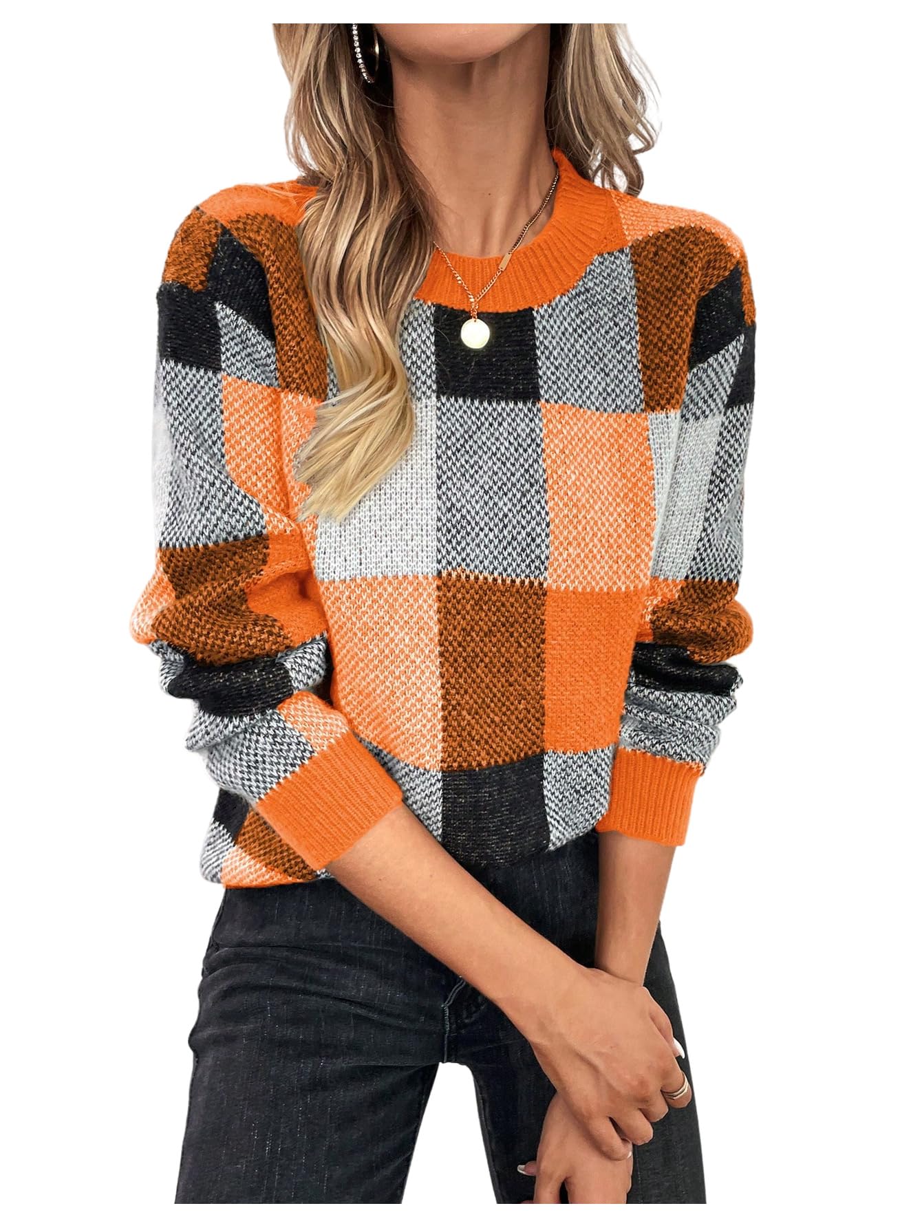 GORGLITTER Women's Argyle Checkered Fall Sweaters 2026 Plaid Pullovers Tops