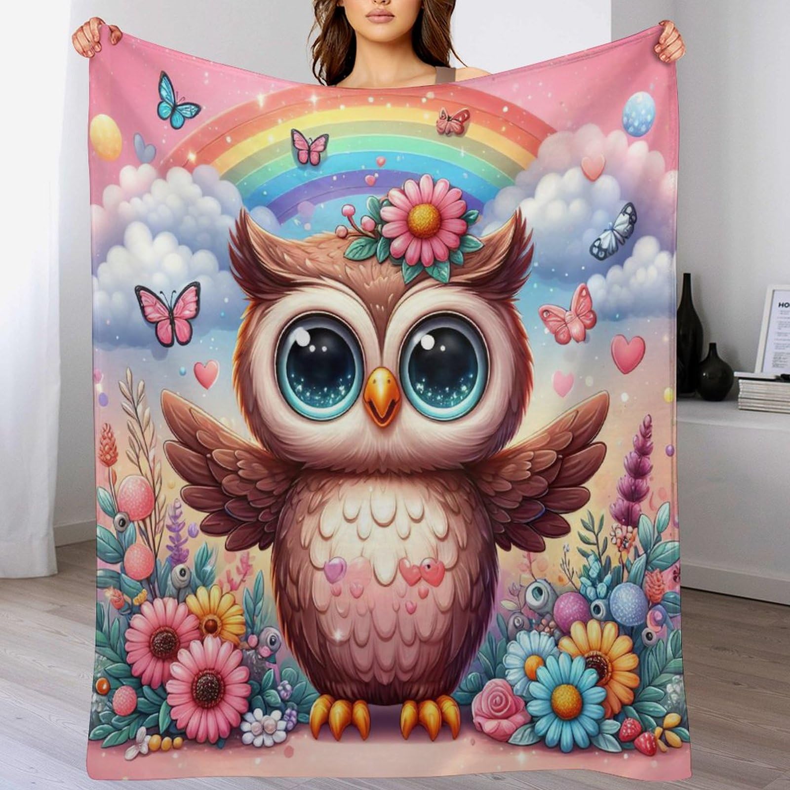 Plaid polaire hibou 100x130cm couverture canape en flannel