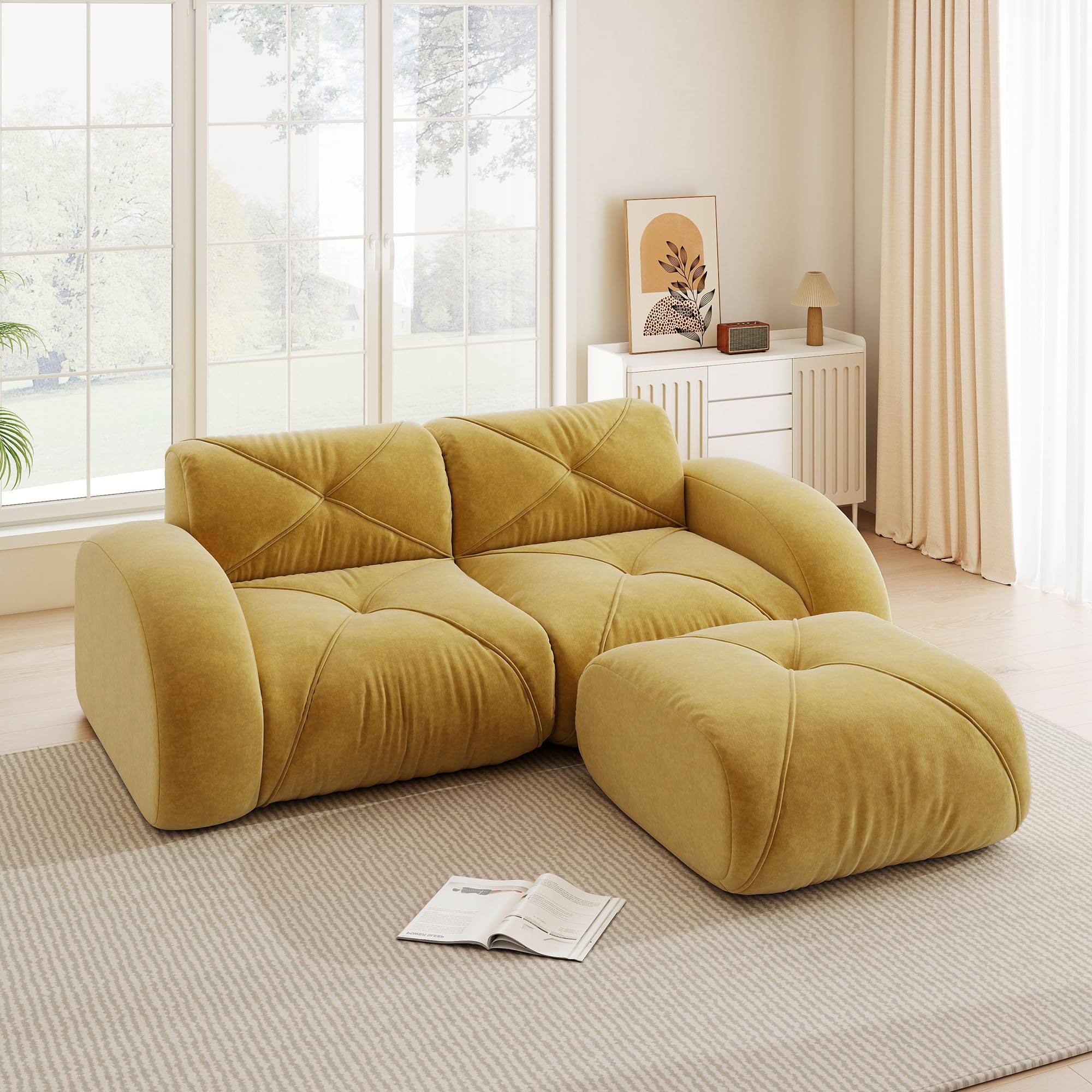 Bladez Divano modulare a 2 posti con sgabello Ciniglia Moderno Loveseat Soggiorno Divano con Braccioli Curvi, Senza Montaggio Divano Boneless Compressione Cloud Divani (Giallo, 2 Posti+1)